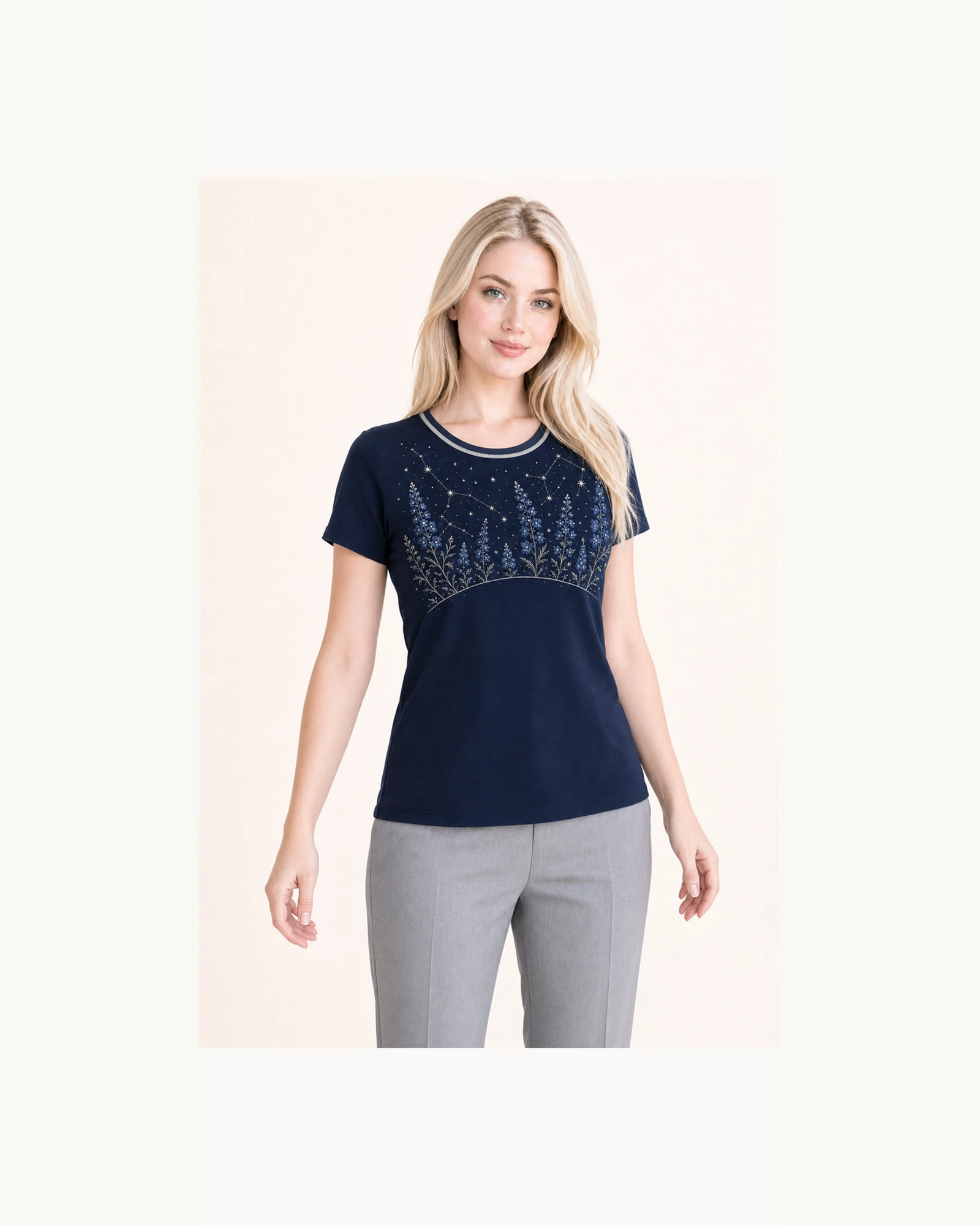 Custom Women’s Rhinestone Night Garden T-Shirt — VTTS-0021 Model wearing VTTS-0021 navy rhinestone night garden t-shirt, close view