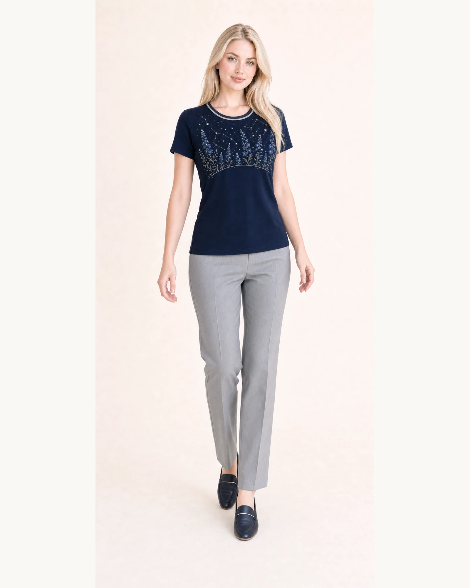 Custom Women’s Rhinestone Night Garden T-Shirt — VTTS-0021 Full-body model wearing VTTS-0021 navy rhinestone night garden t-shirt