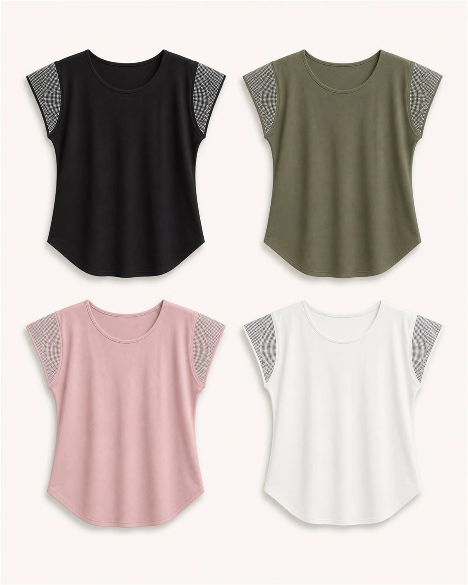 Custom Women’s Rhinestone Shoulder Cap-Sleeve T-Shirt — VTTS-0022 VTTS-0022 rhinestone shoulder T-shirt in black, olive, pink and white