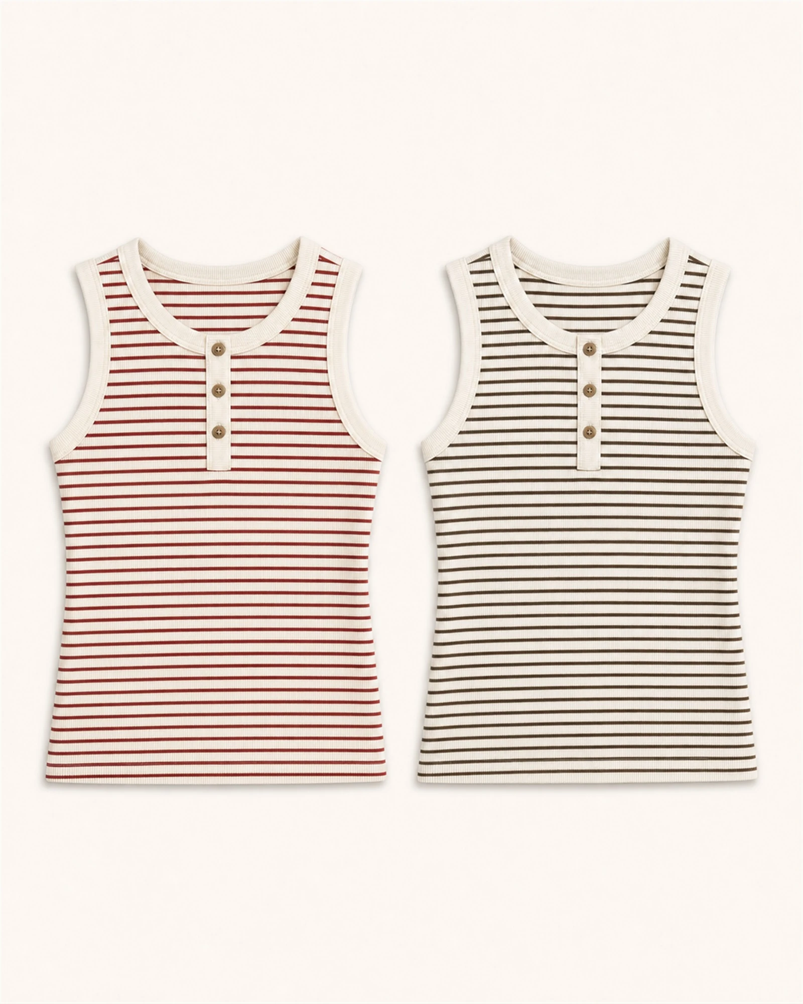 Custom Women’s Striped Button-Placket Tank Top — VTTT-0003 VTTT-0003 tank top in red stripe and taupe stripe options