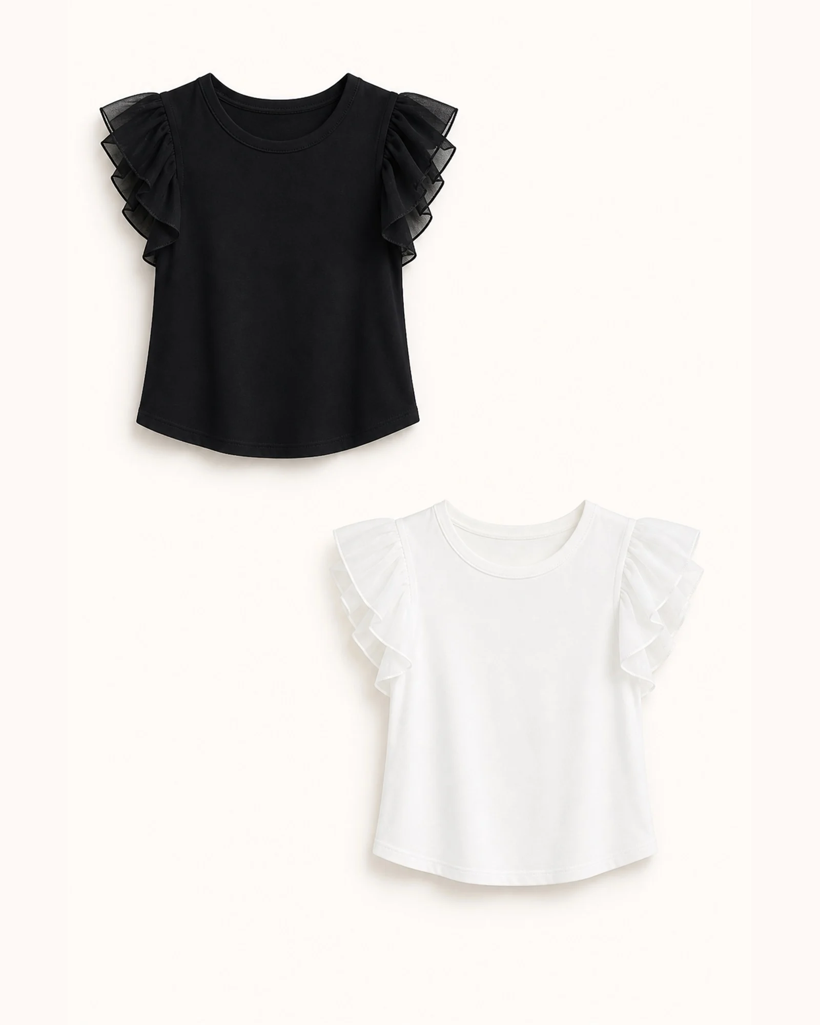 Custom Women’s Layered Ruffle-Sleeve Tank Top — VTTS-0005 VTTS-0005 layered ruffle-sleeve tank top in black and white