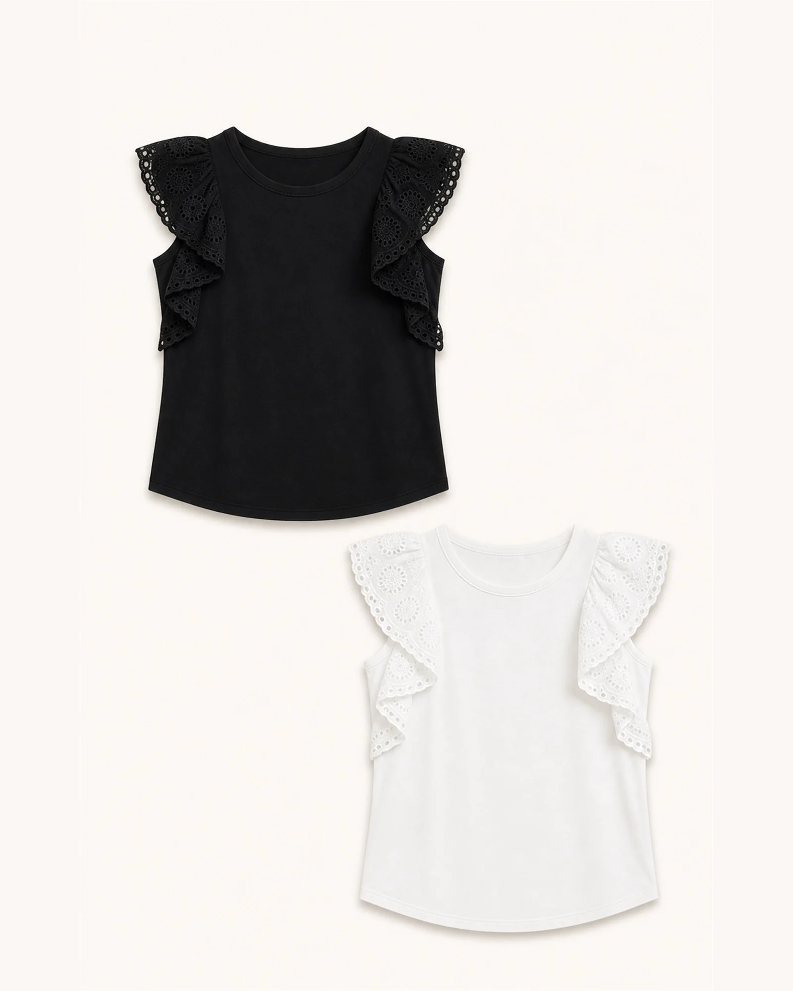 Custom Women’s Eyelet Ruffle-Shoulder Tank Top — VTTT-0006 VTTT-0006 eyelet ruffle-shoulder tank top in black and white