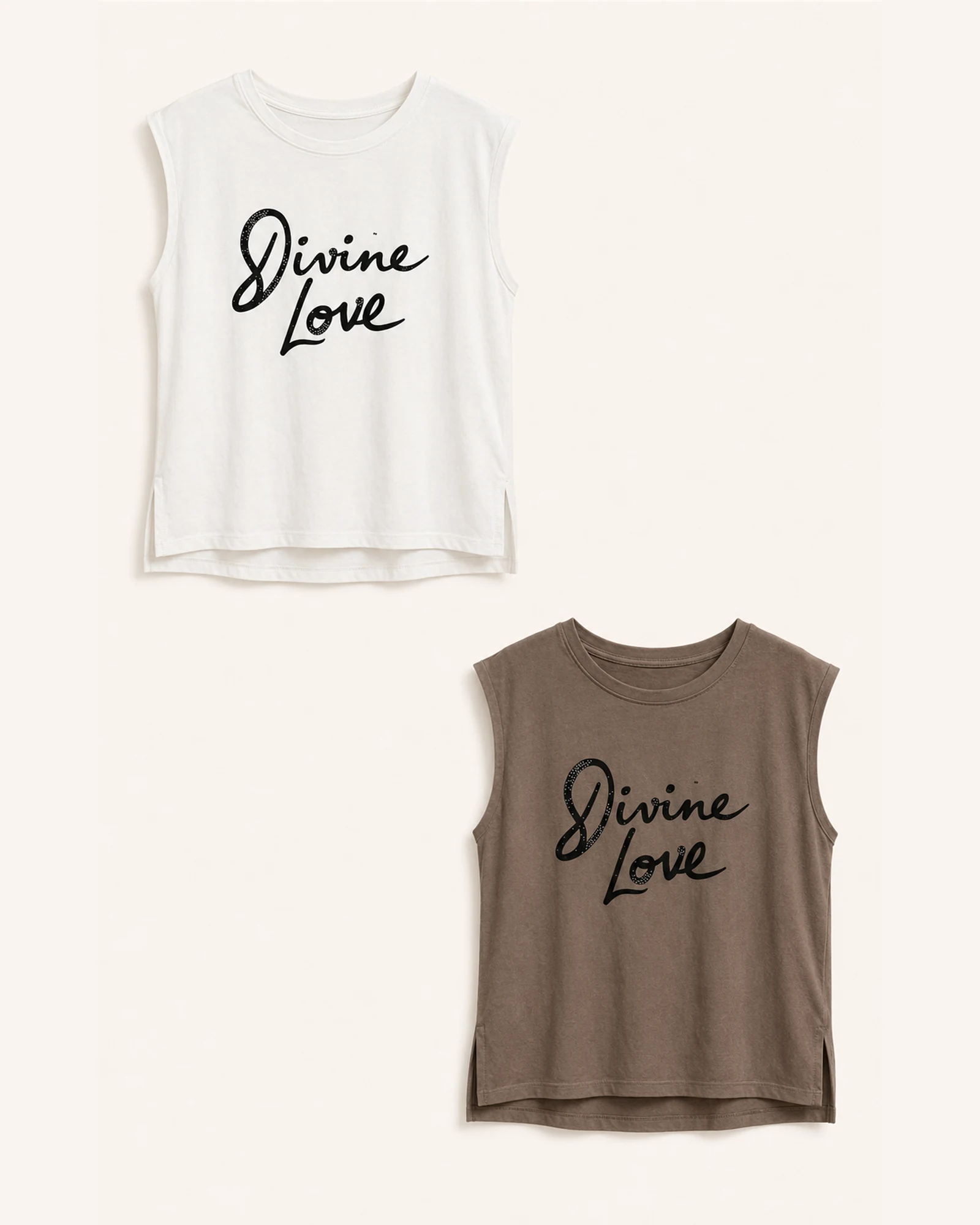 Custom Women’s Studded Graphic Side-Slit Tank Top — VTTT-0007 VTTT-0007 studded graphic tank top in white and taupe