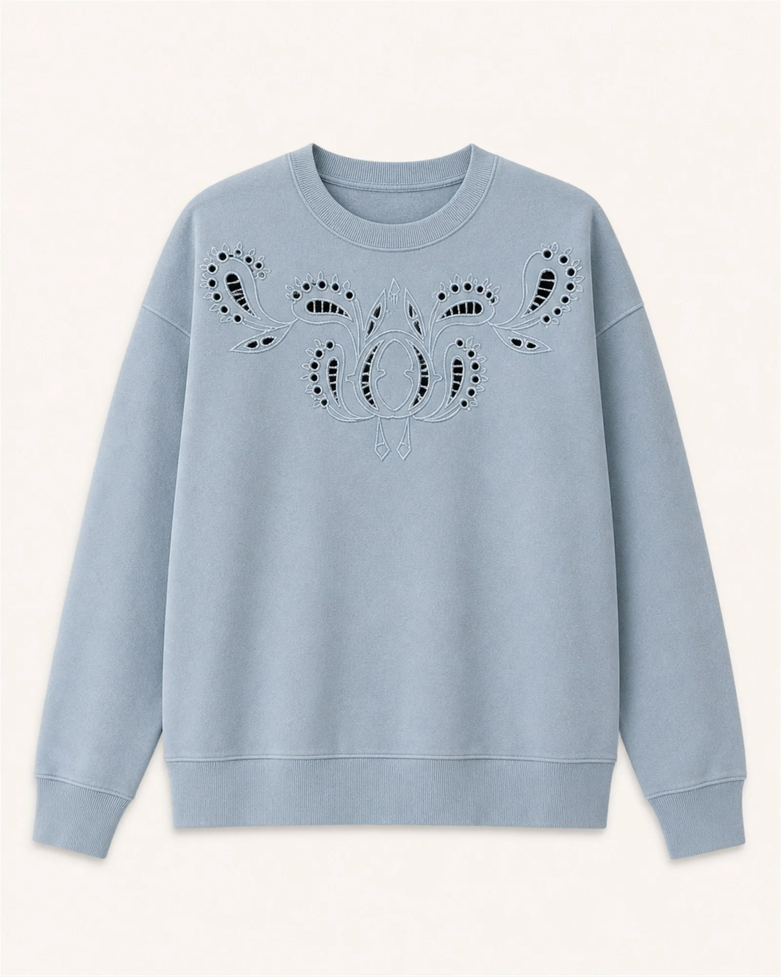 Custom Women’s Apparel Manufacturer Women’s cutwork embroidered crew-neck sweatshirt
