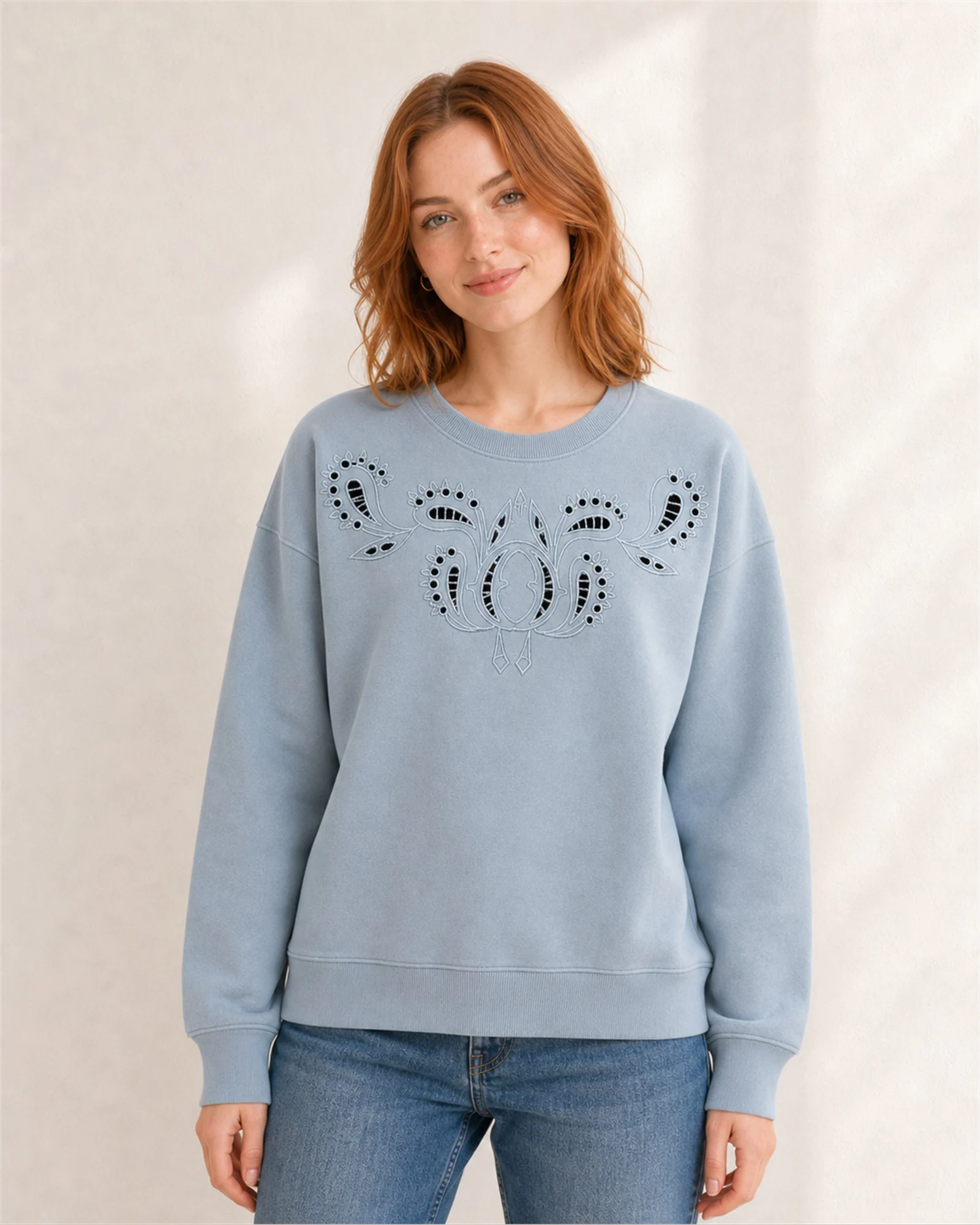 Model wearing VTHD-0001 misty blue embroidered crew-neck sweatshirt