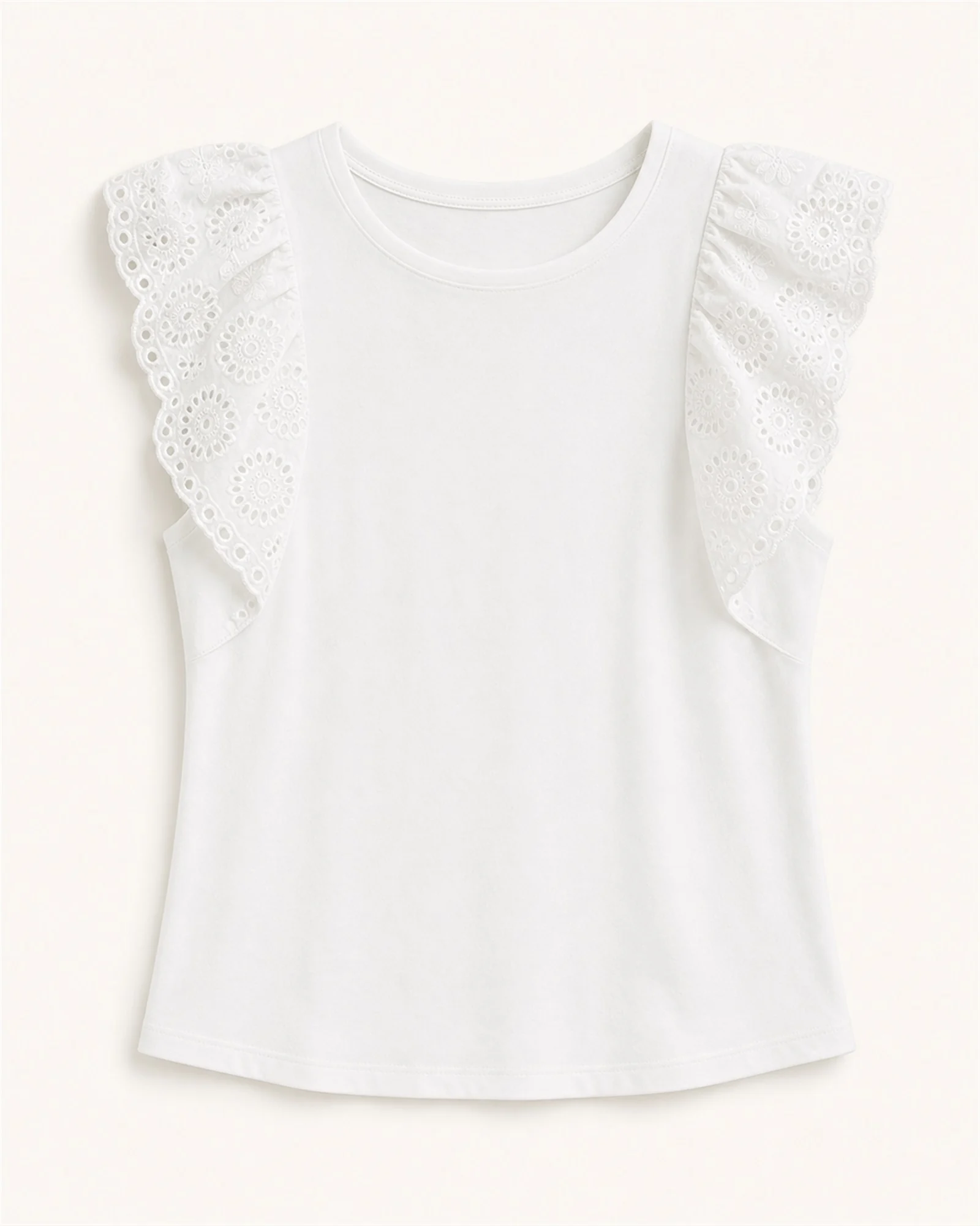 Custom Women’s Apparel Products Women’s white crew-neck tank top with eyelet ruffle shoulders