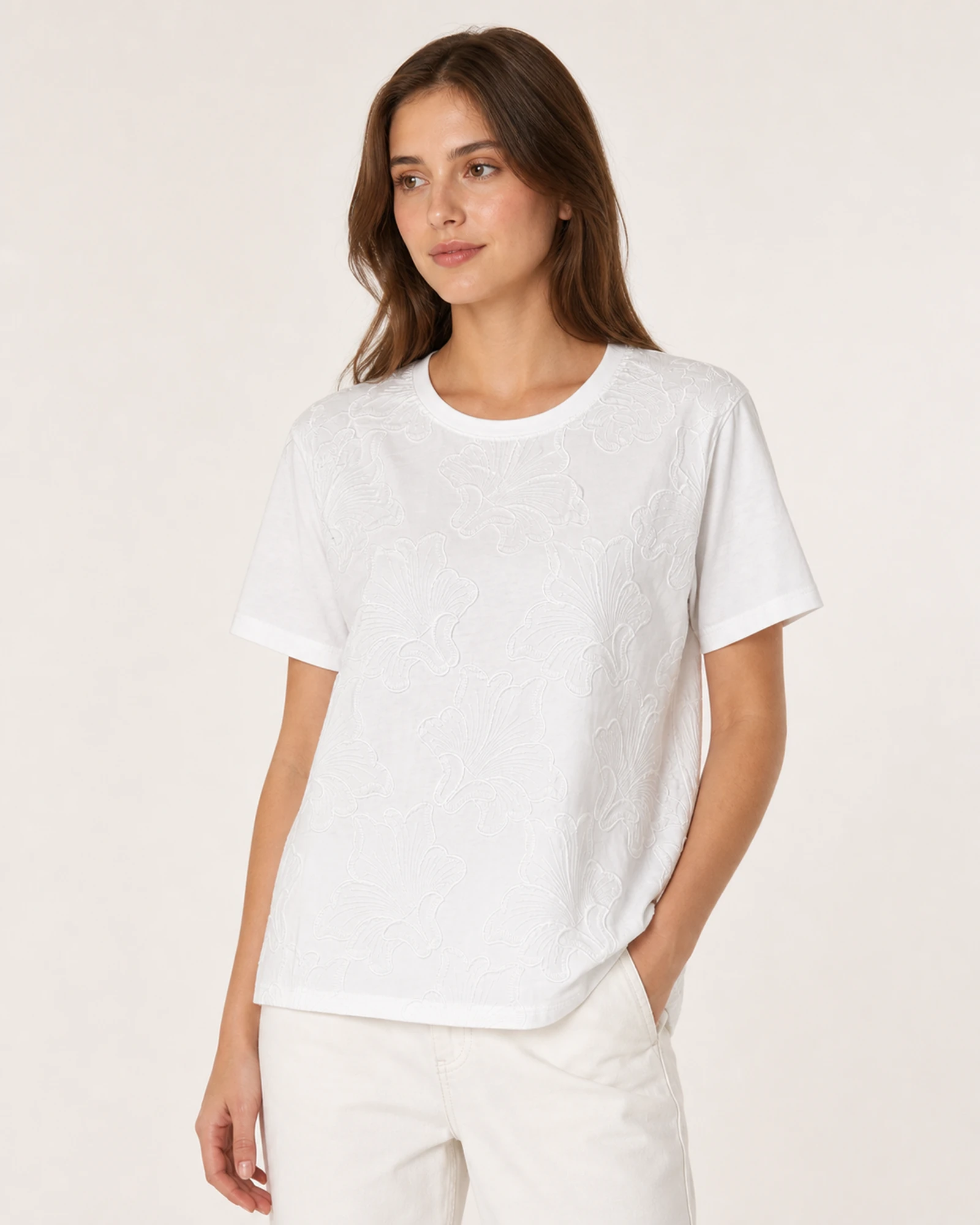 Model wearing VTTS-0002 tonal floral embroidered T-shirt