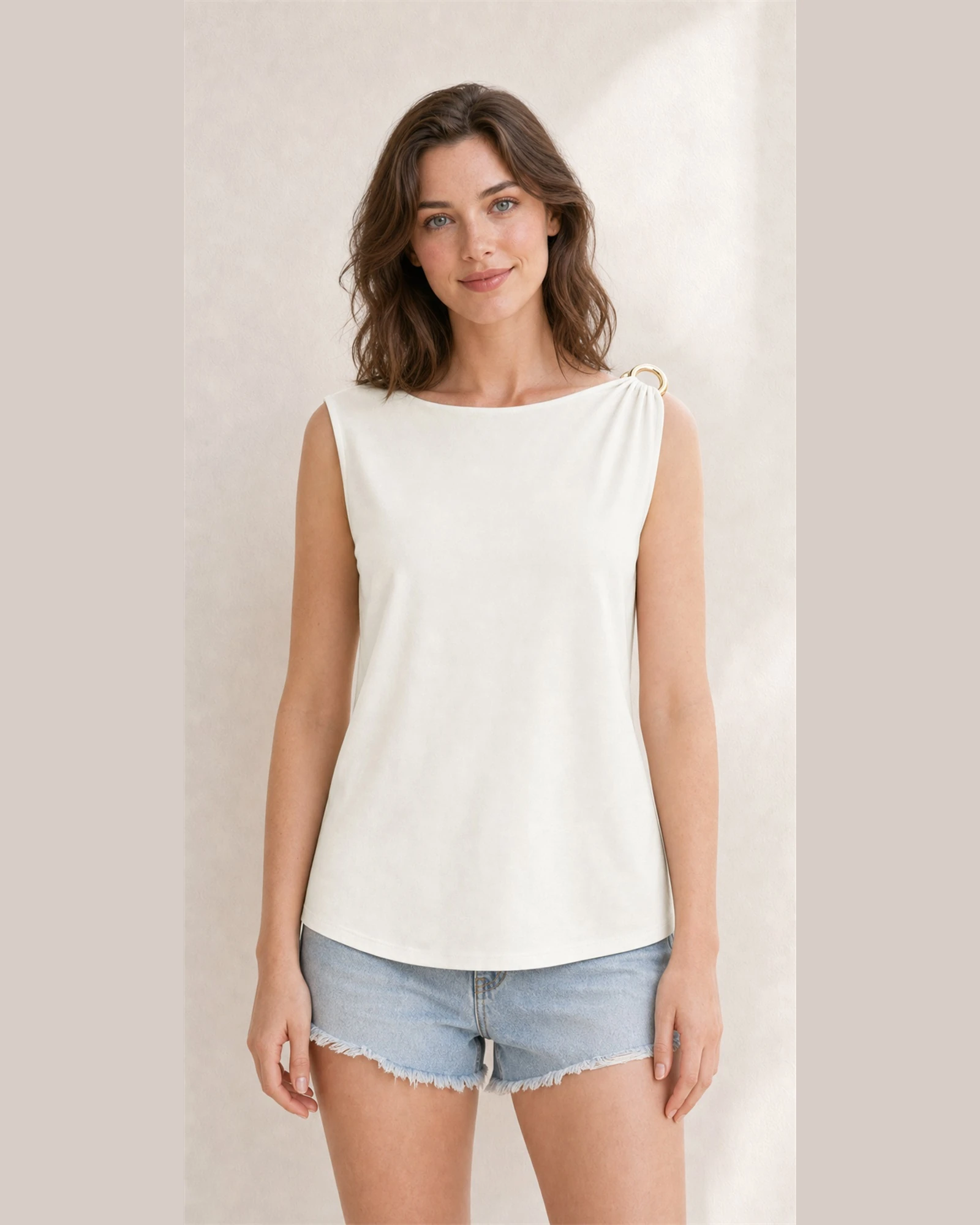 Model wearing VTTT-0001 ivory double-ring shoulder tank top
