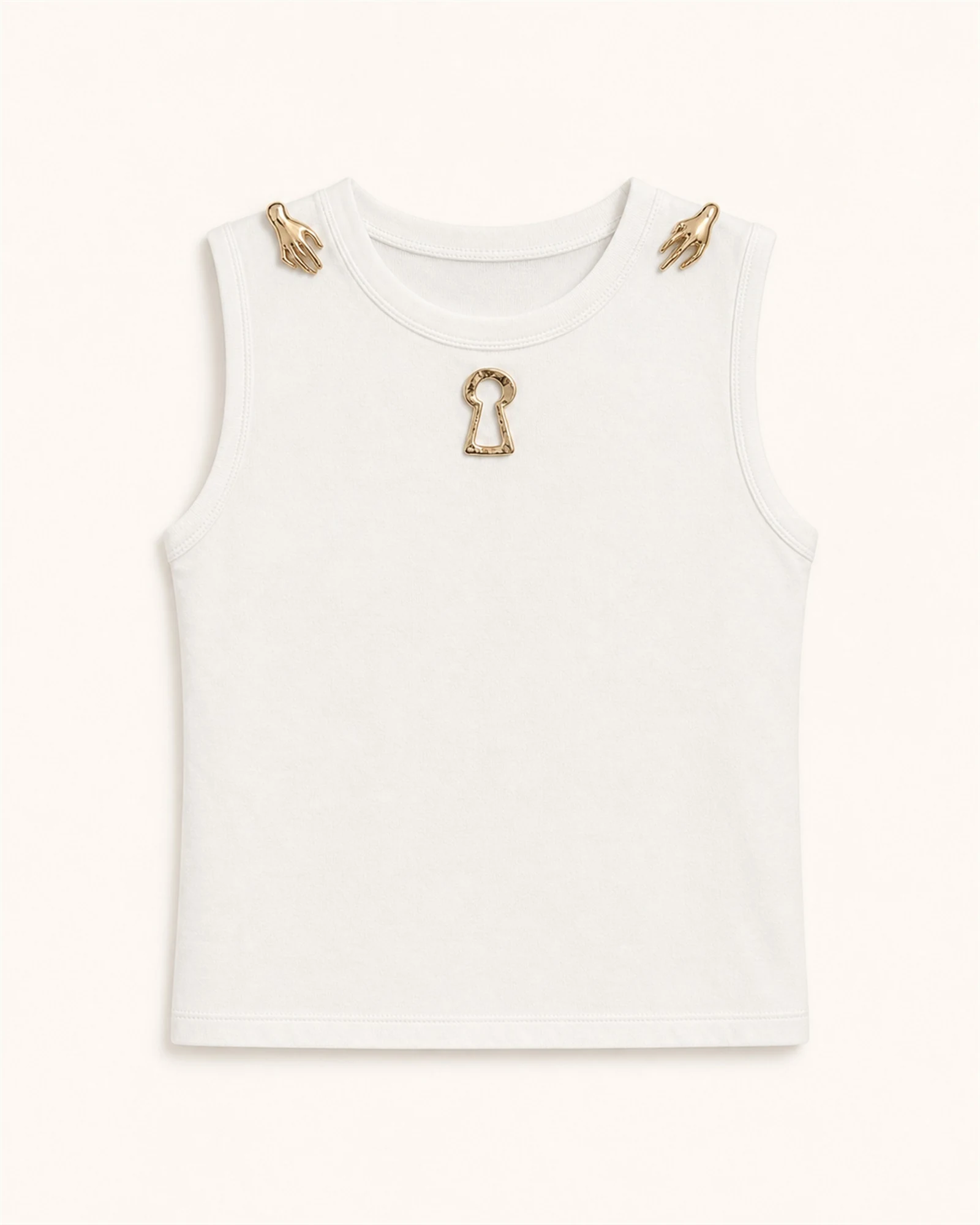 Custom Women’s Apparel Products Women’s white gold hand and keyhole embellished tank top, front view