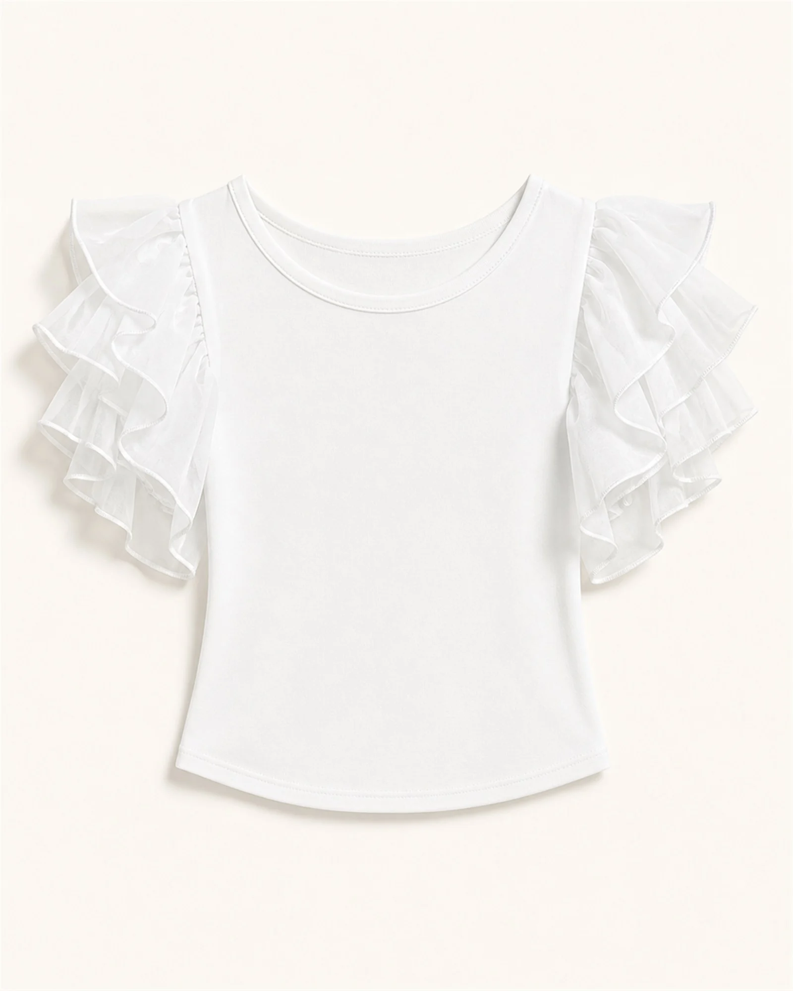 Custom Women’s Apparel Products Women’s white crew-neck tank top with layered sheer shoulder ruffles