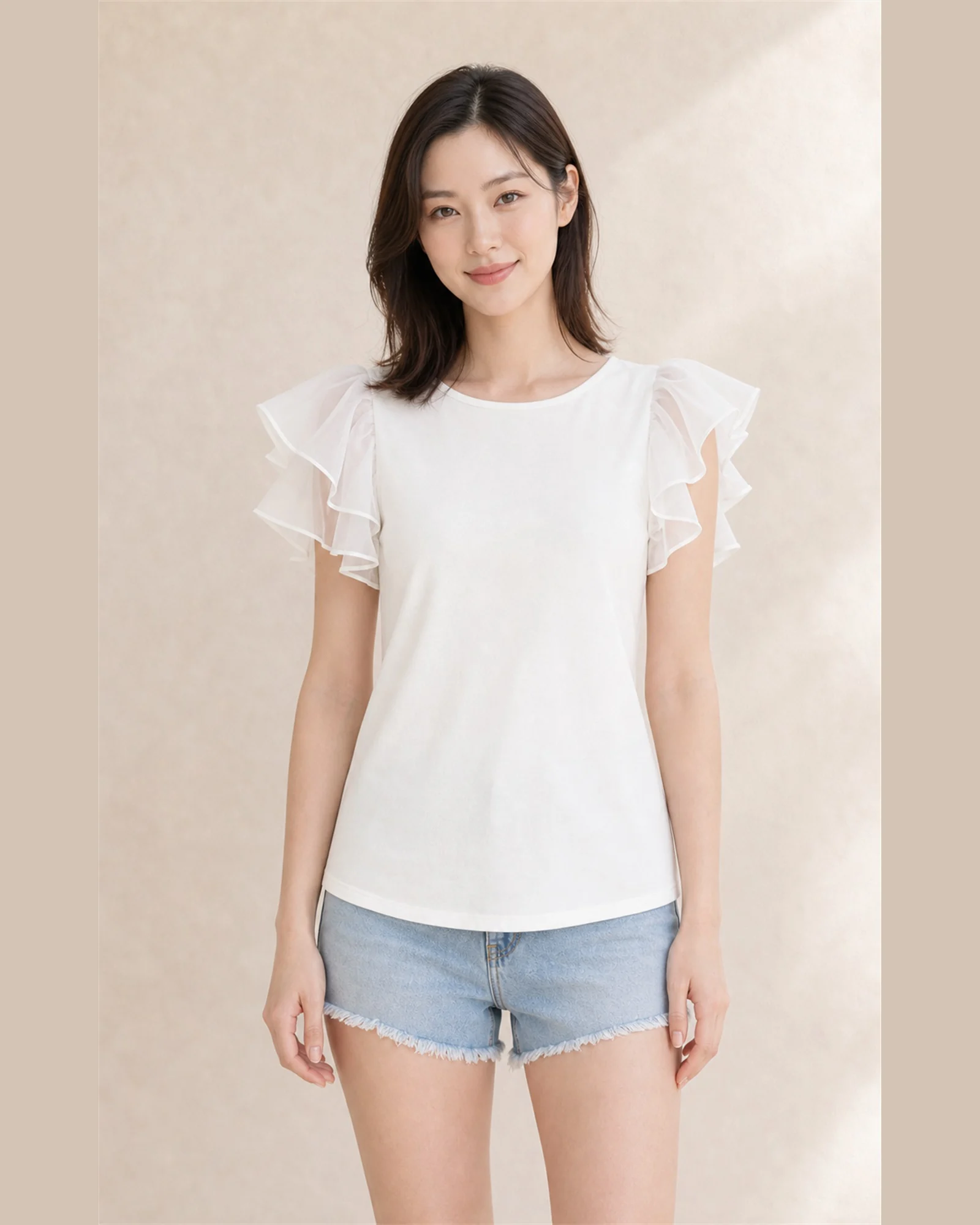Custom Women’s Layered Ruffle-Sleeve Tank Top — VTTS-0005 Model wearing VTTS-0005 white layered ruffle-sleeve tank top