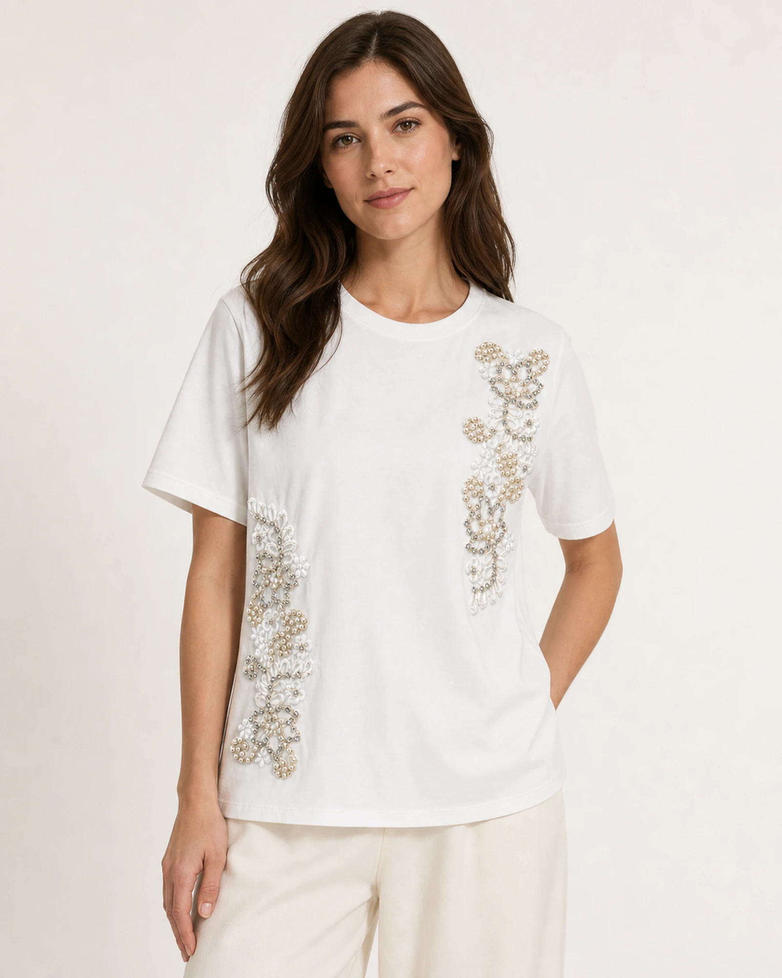 Model wearing VTTS-0003 pearl and rhinestone floral T-shirt
