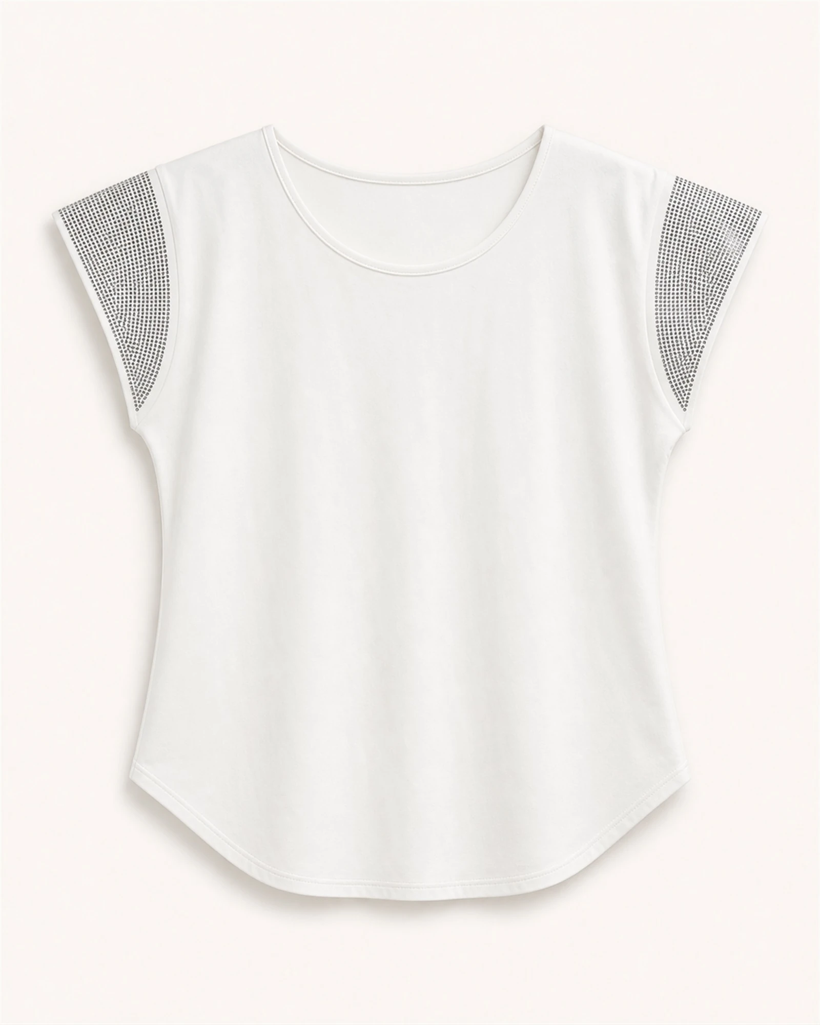 Custom Women’s Apparel Products Women’s white cap-sleeve T-shirt with rhinestone shoulder panels, front view