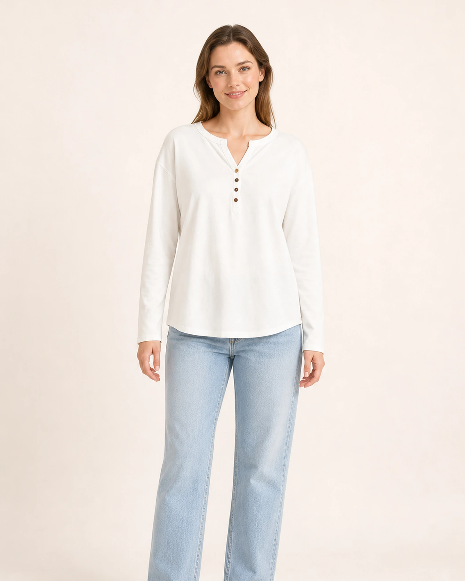 Custom Women’s Split-Neck Button-Placket Long-Sleeve Top — VTLS-0001 Model wearing VTLS-0001 ivory split-neck long-sleeve top