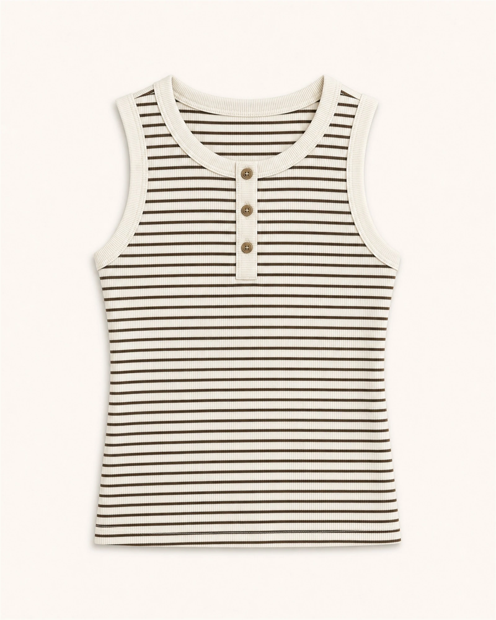 Custom Women’s Apparel Products Women’s taupe striped round-neck button-placket tank top, front view
