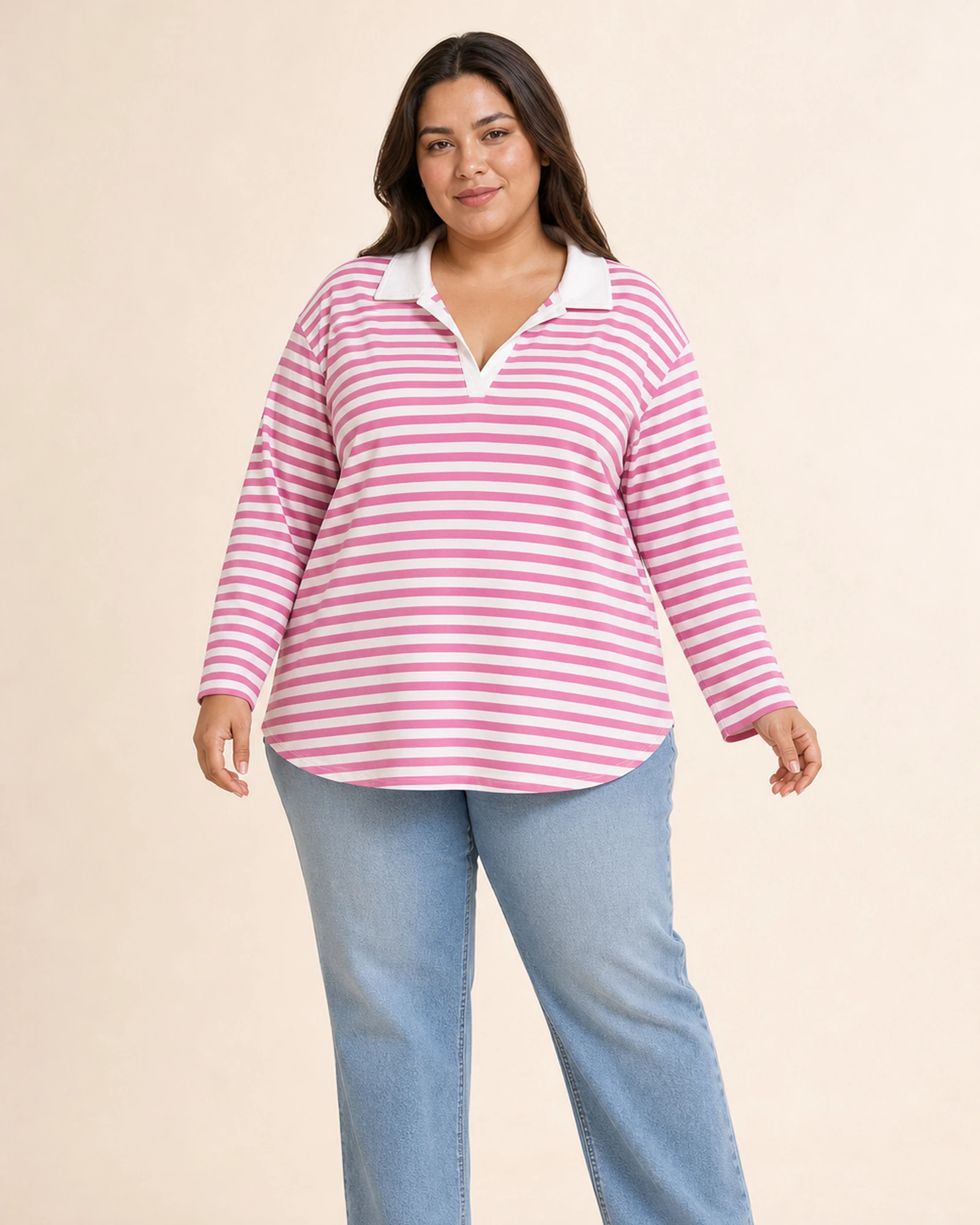 Model wearing VTLS-0002 pink and white striped long-sleeve top