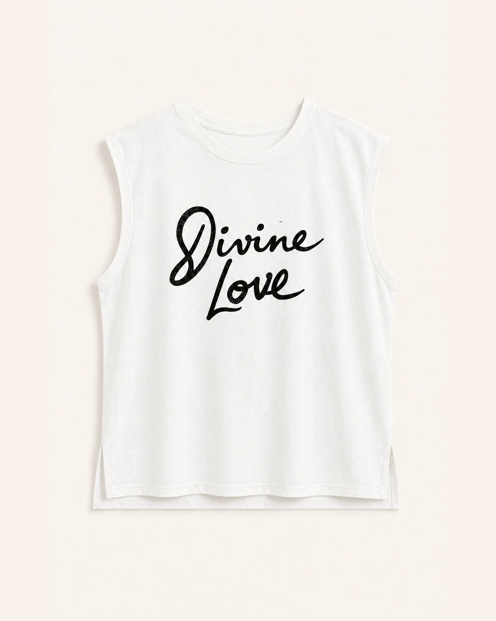 Custom Women’s Apparel Products Women’s white sleeveless tank top with black studded script graphic