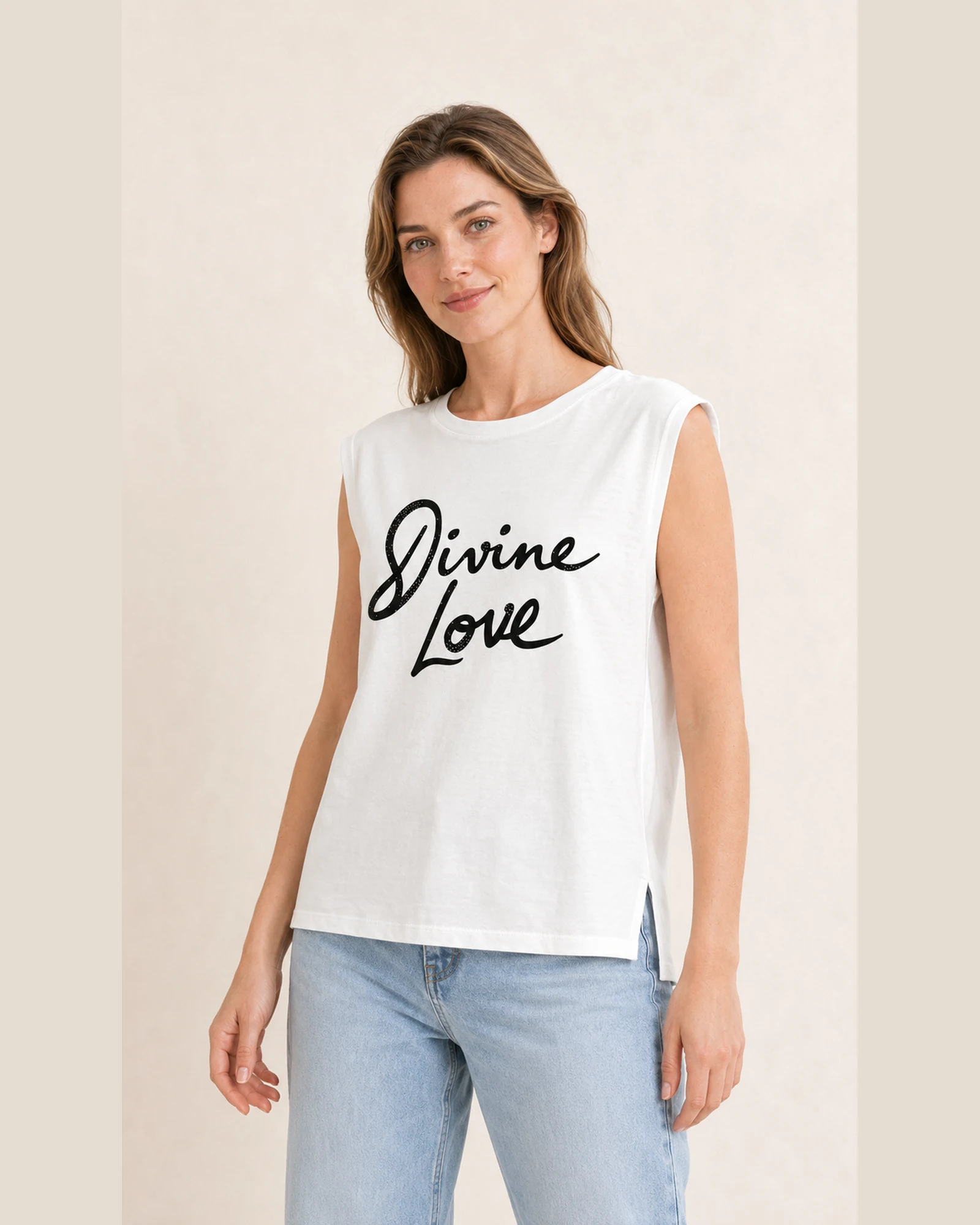 Custom Women’s Studded Graphic Side-Slit Tank Top — VTTT-0007 Model wearing VTTT-0007 white studded graphic side-slit tank top