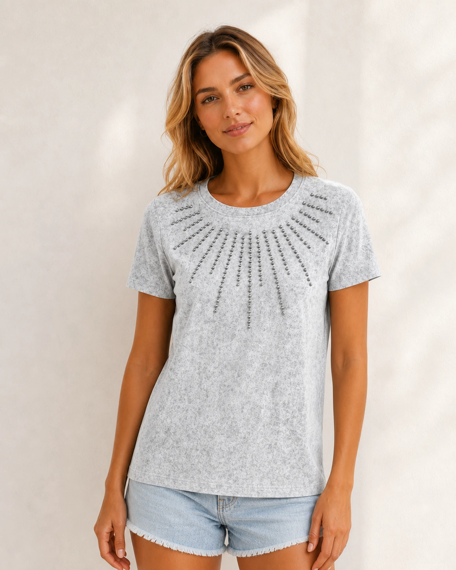 Custom Women’s Studded 1×1 Rib Crew Neck T-Shirt — VTTS-0001 Model wearing VTTS-0001 women’s studded rib T-shirt