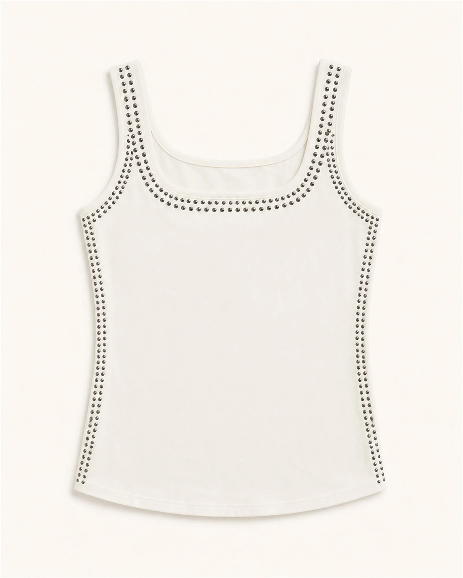 Custom Women’s Apparel Products Women’s ivory scoop-neck tank top with silver stud trim, front view