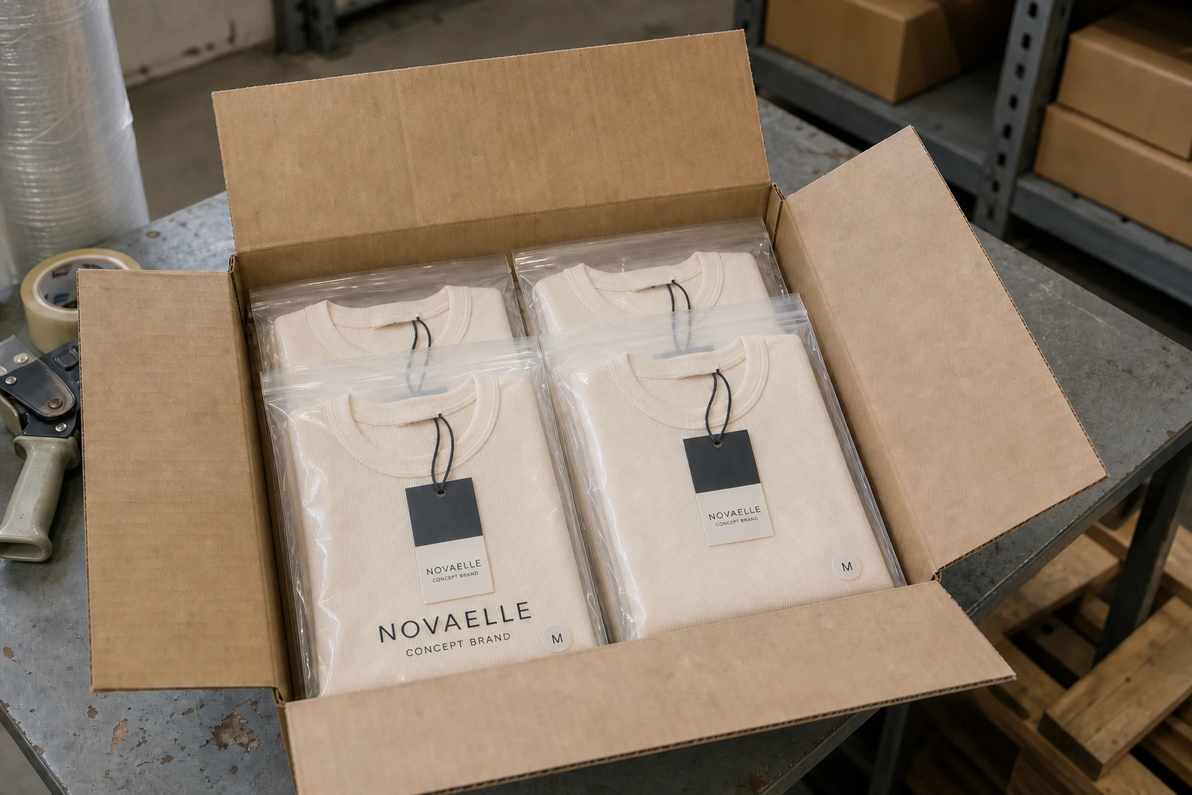 Private Label Women’s T-Shirts Illustrative carton packing presentation for private label women's T-shirts