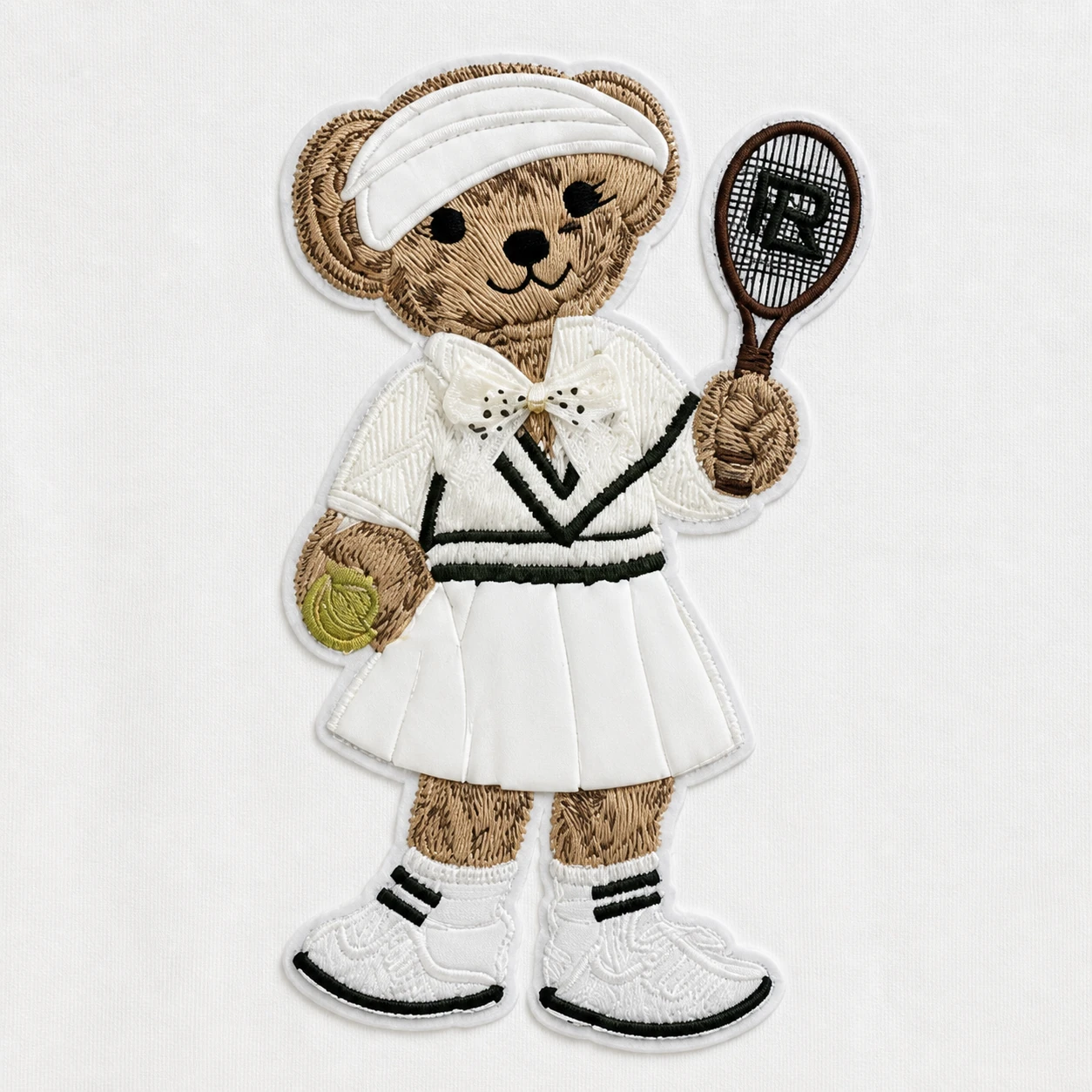 Custom Women's Tennis Bear Embroidered Crew Neck T-Shirt — VTTS-0024 Close-up of the tennis bear embroidery and applique on VTTS-0024