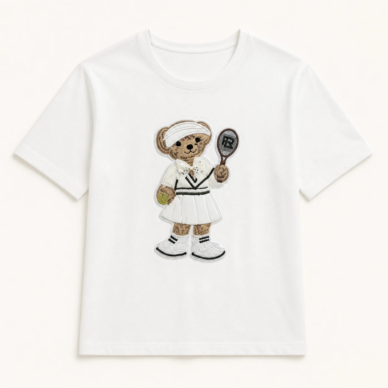 Custom Women’s Apparel Products Women's white tennis bear embroidered T-shirt, front view
