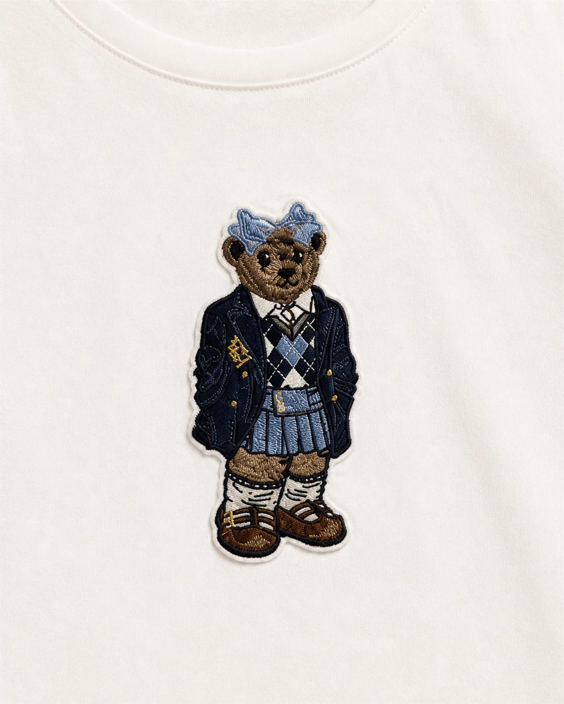 Close-up of the preppy bear embroidery and applique on VTTS-0025