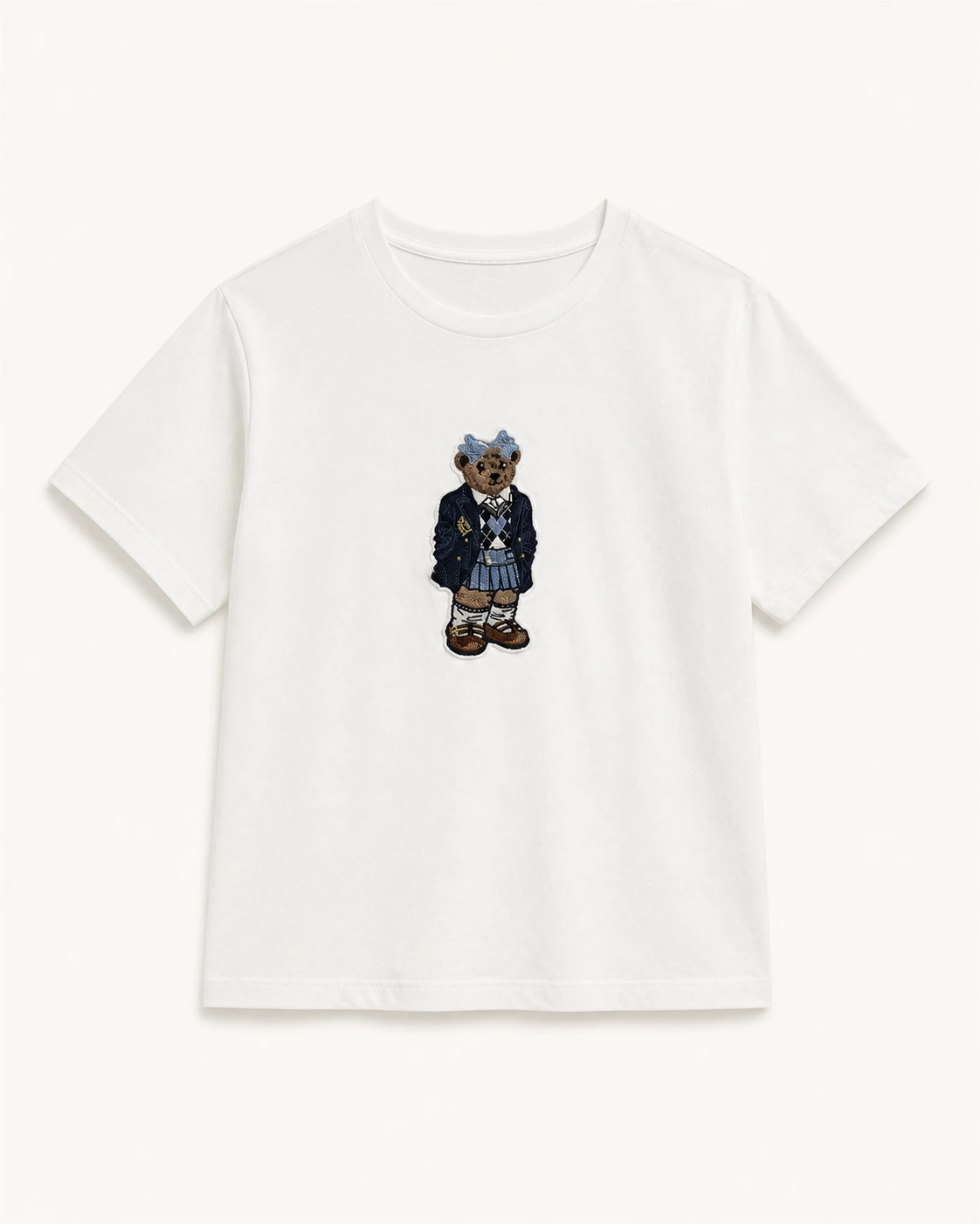 Custom Women’s Apparel Products Women's white preppy bear embroidered T-shirt, front view