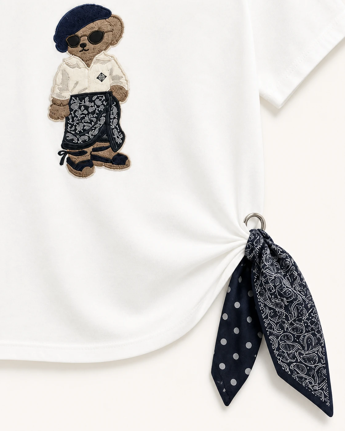 Custom Women's Bandana Bear Embroidered Side-Tie T-Shirt — VTTS-0026 Close-up of the bandana bear embroidery and applique on VTTS-0026