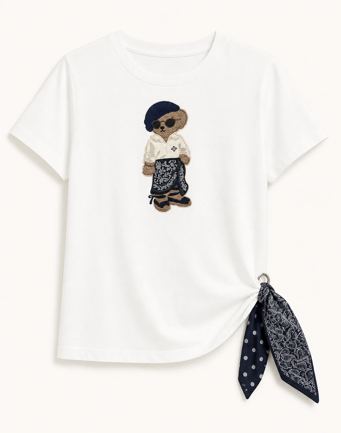 Custom Women’s Apparel Products Women's white bandana bear embroidered T-shirt, front view