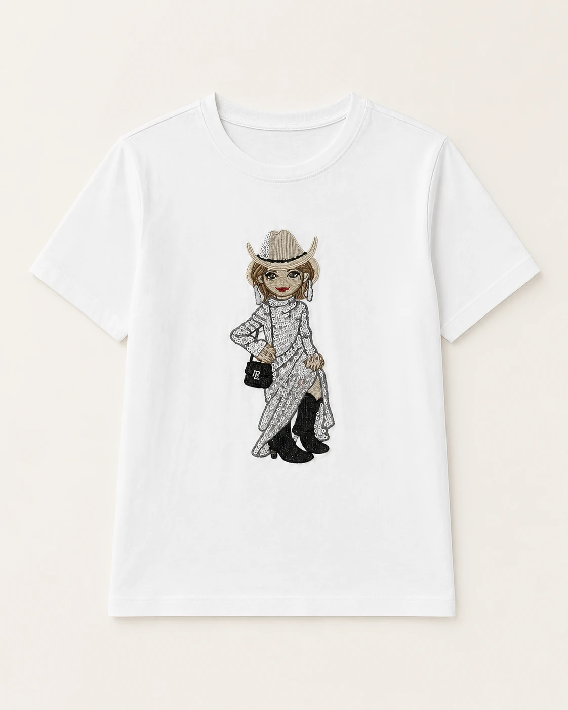 Custom Women’s Apparel Products Women's white sequin cowgirl embroidered T-shirt, front view