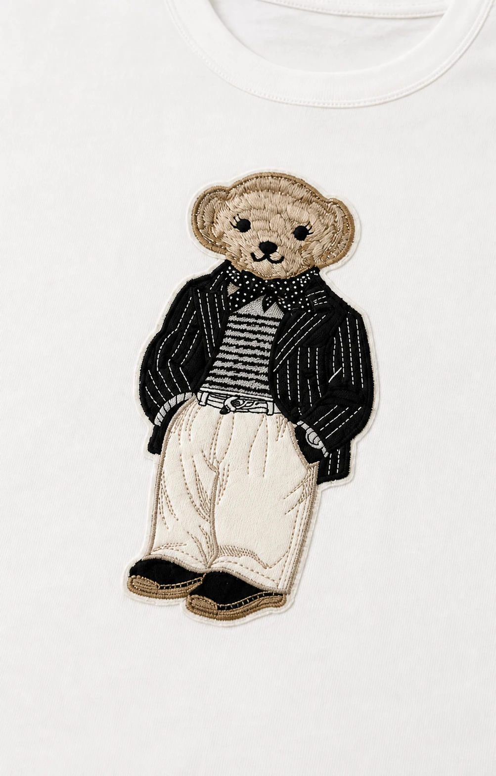 Close-up of the pinstripe bear embroidery and applique on VTTS-0028