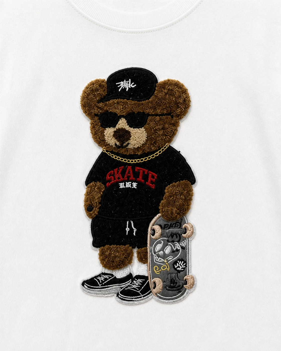 Close-up of the skate bear embroidery and applique on VTTS-0029