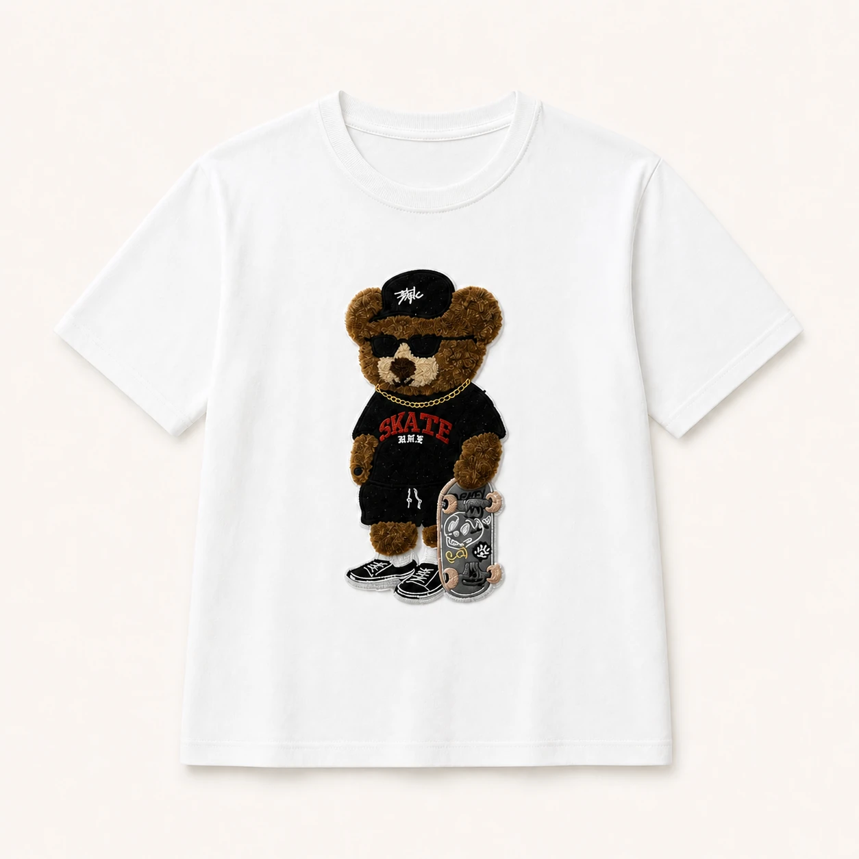 Custom Women’s Apparel Products Women's white skate bear embroidered T-shirt, front view