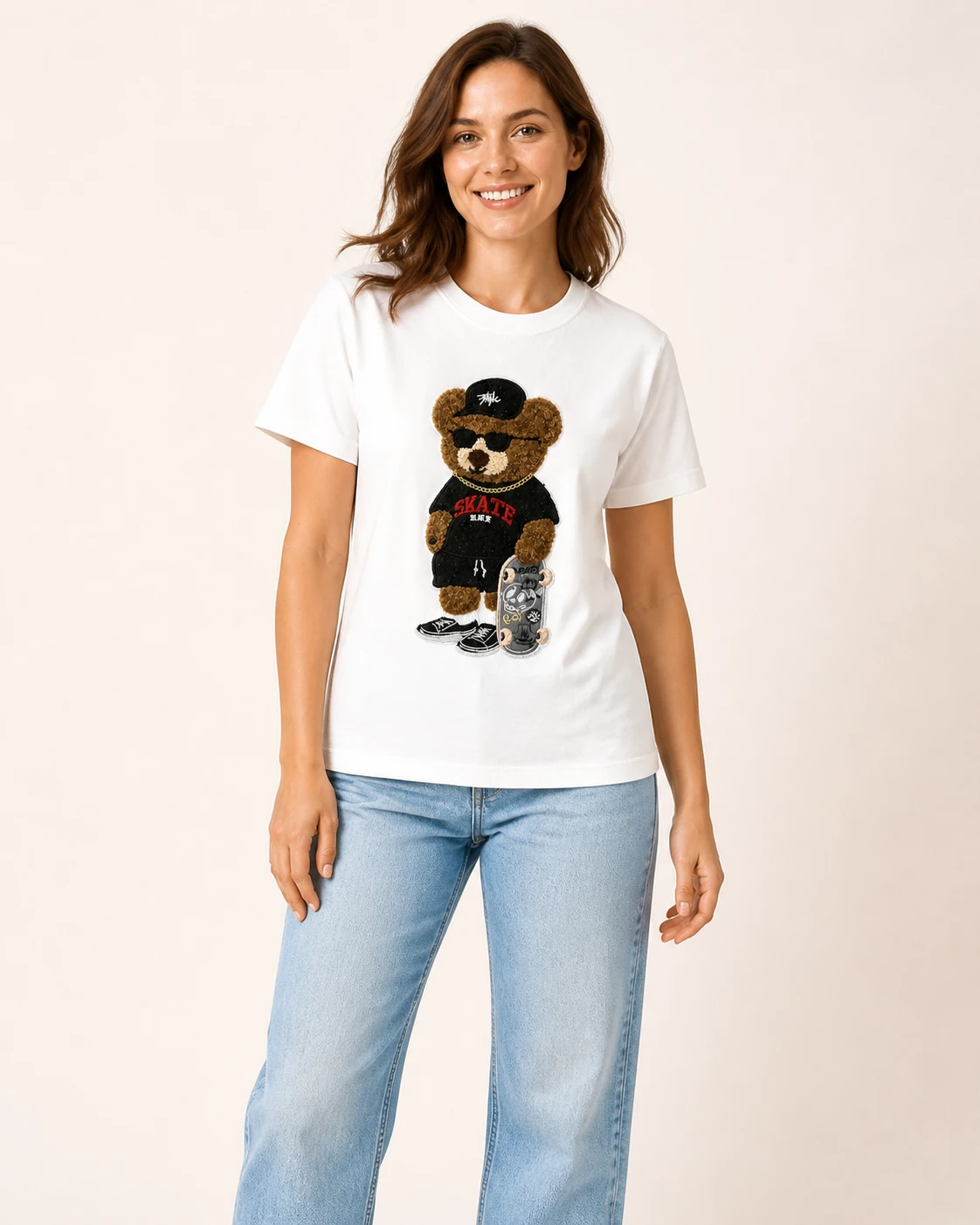Model wearing the white VTTS-0029 skate bear embroidered T-shirt