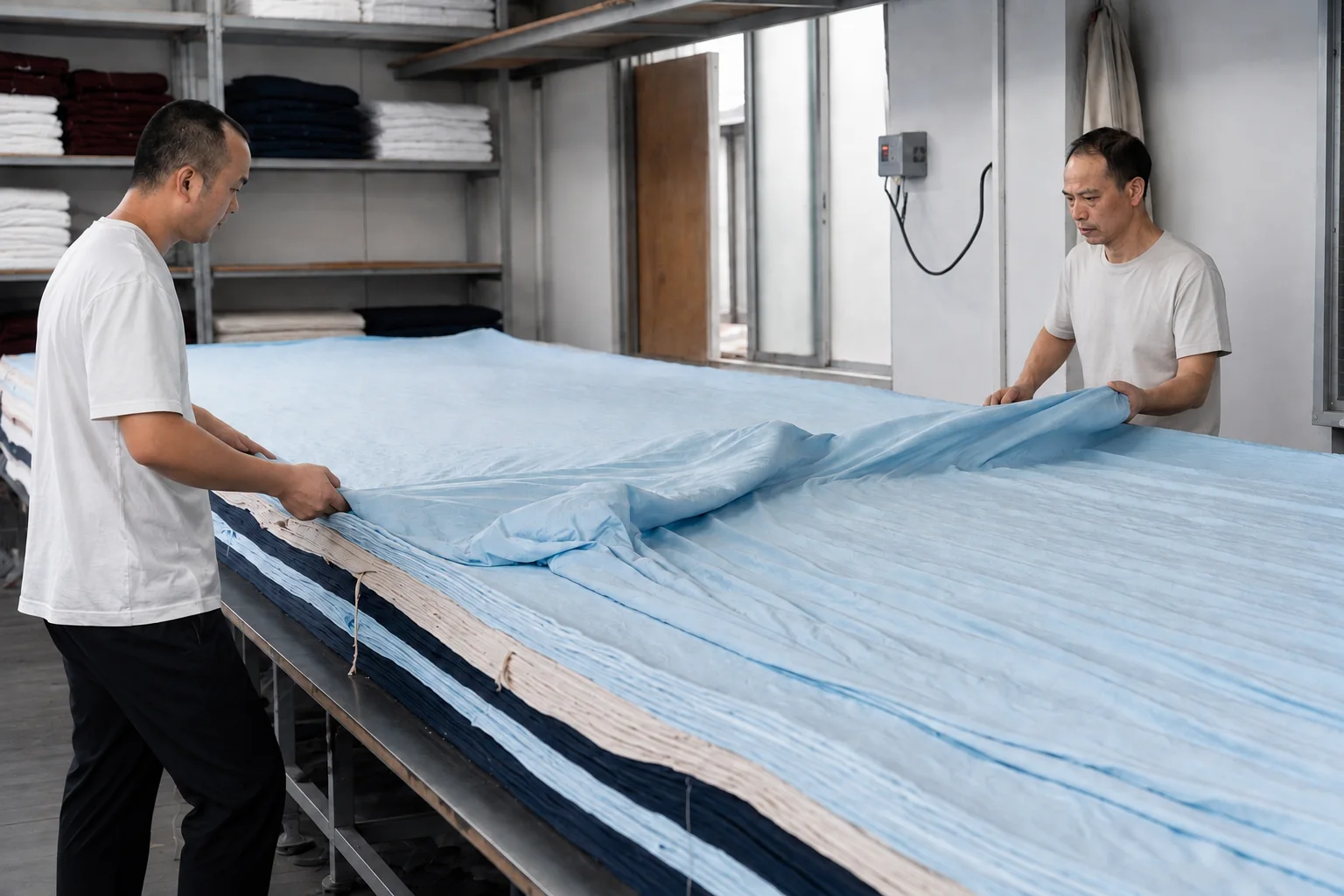 About Vanty Garment — Women’s Apparel Manufacturer Workers spreading blue fabric across a garment cutting table