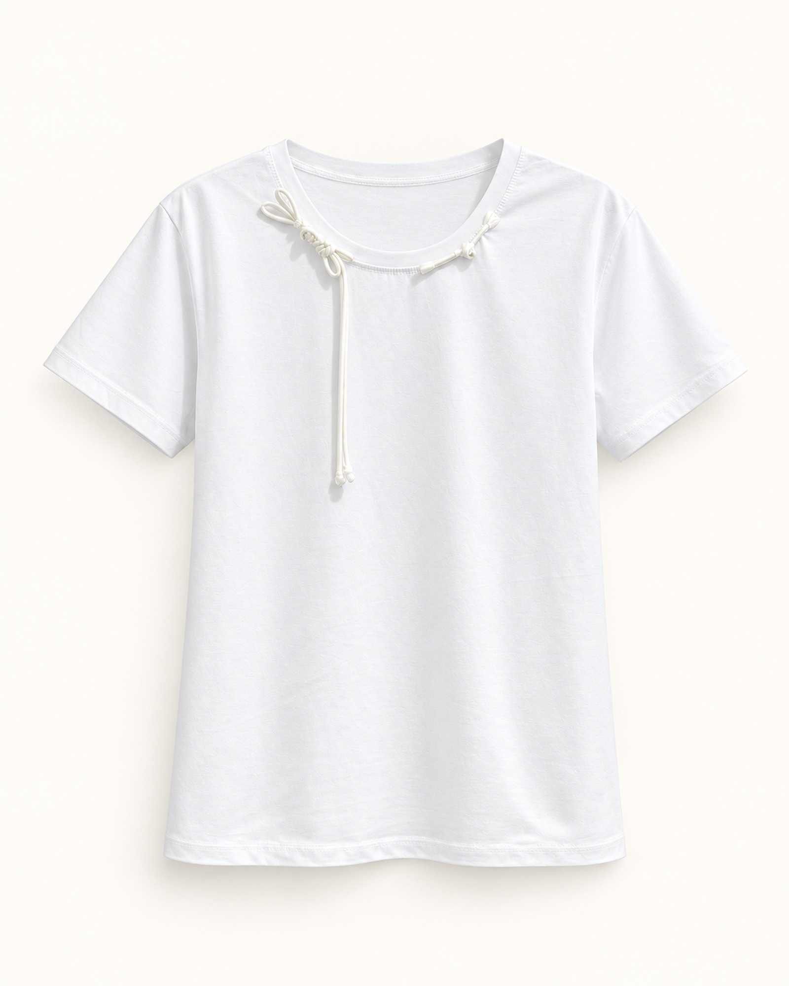 Women’s decorative cord detail draped around the crew neckline T-shirt, front view