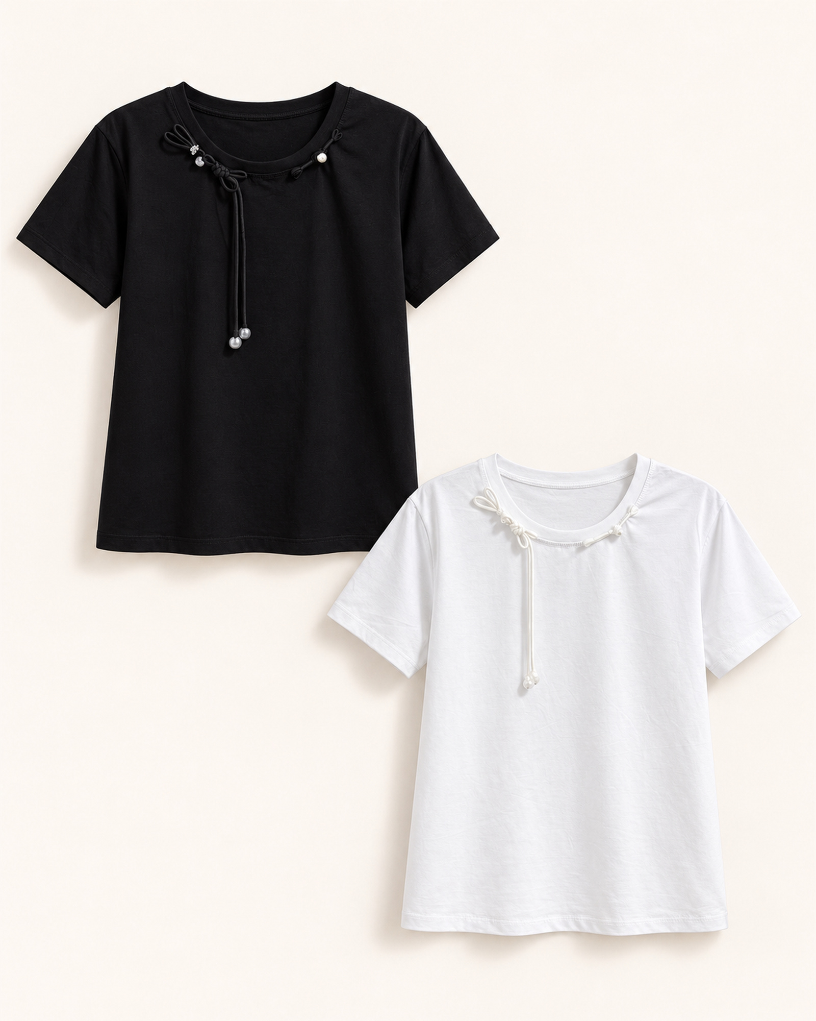 Custom Women’s Cord-Detail Neckline Crew Neck T-Shirt — VTTS-0042 VTTS-0042 T-shirt color options: black and white