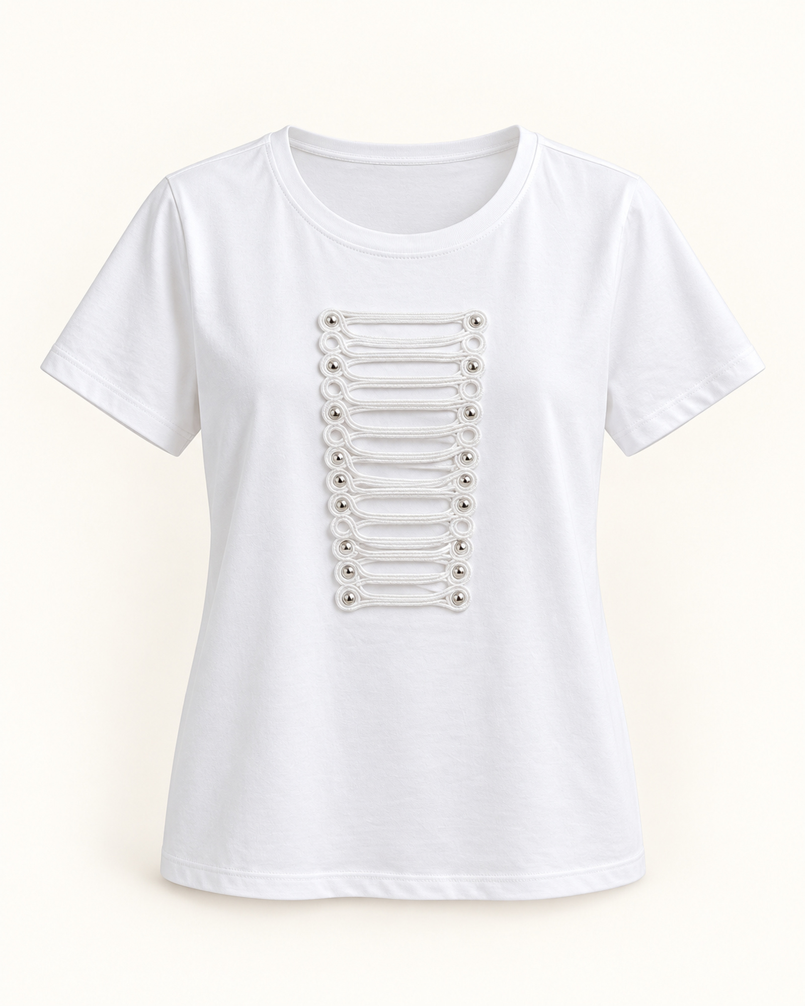 Women’s vertical center-chest loop-cord trim with metal eyelet details T-shirt, front view