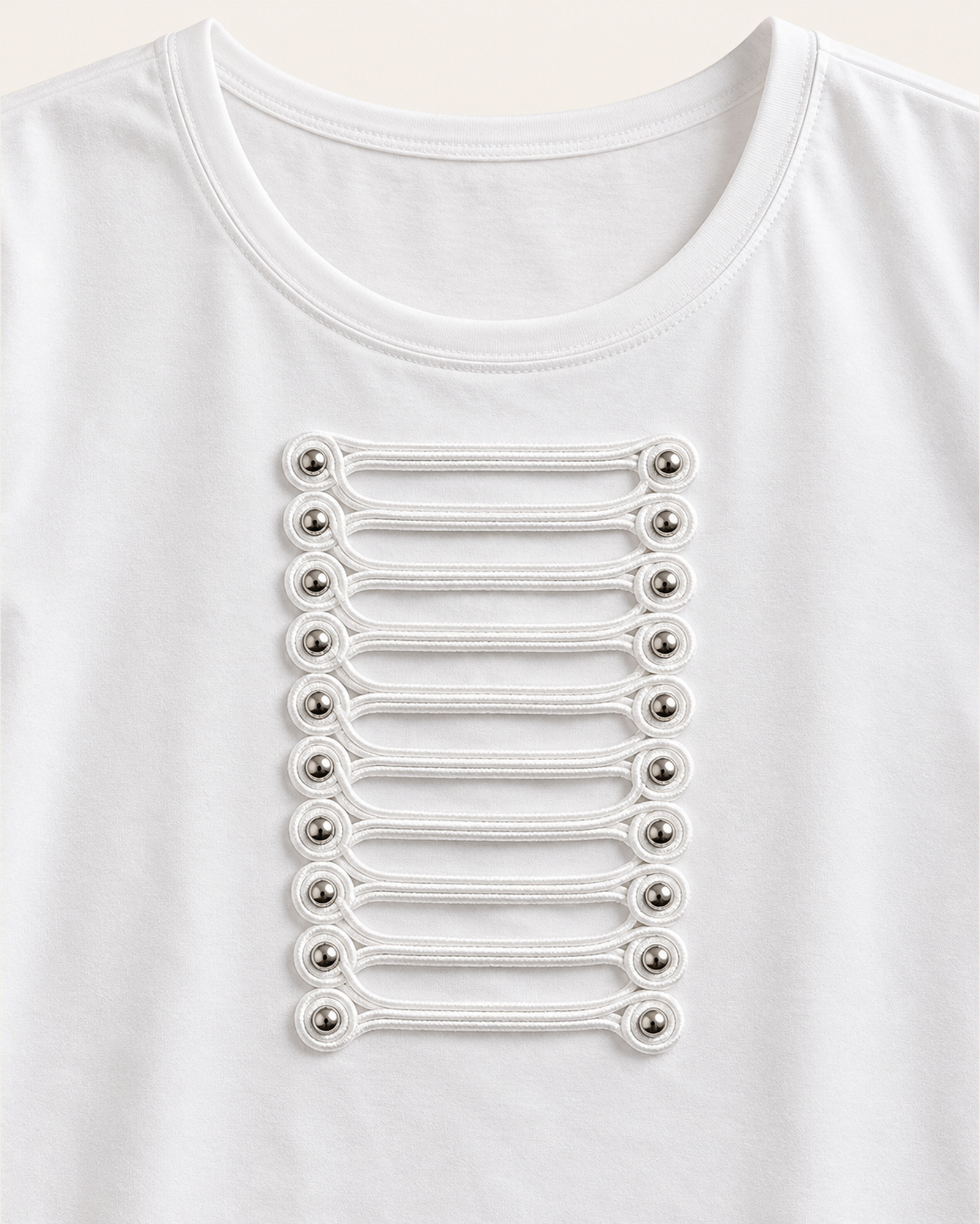 Custom Women’s Center-Chest Loop-Cord Trim T-Shirt — VTTS-0043 Close-up of the vertical center-chest loop-cord trim with metal eyelet details on VTTS-0043