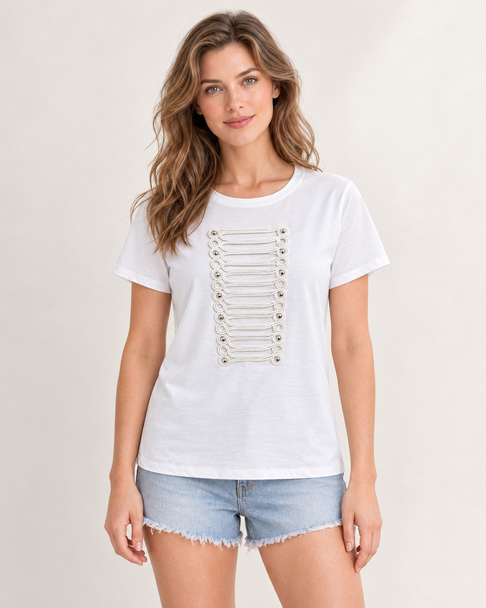 Custom Women’s Center-Chest Loop-Cord Trim T-Shirt — VTTS-0043 Model wearing the VTTS-0043 women’s short-sleeve T-shirt