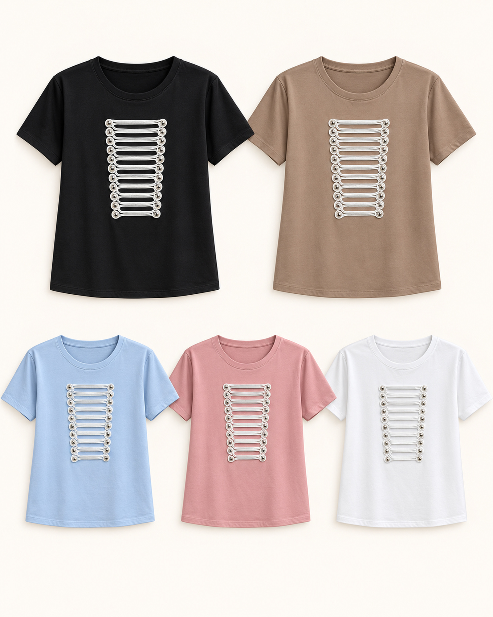Custom Women’s Center-Chest Loop-Cord Trim T-Shirt — VTTS-0043 VTTS-0043 T-shirt color options: black, taupe, pale blue, dusty pink and white