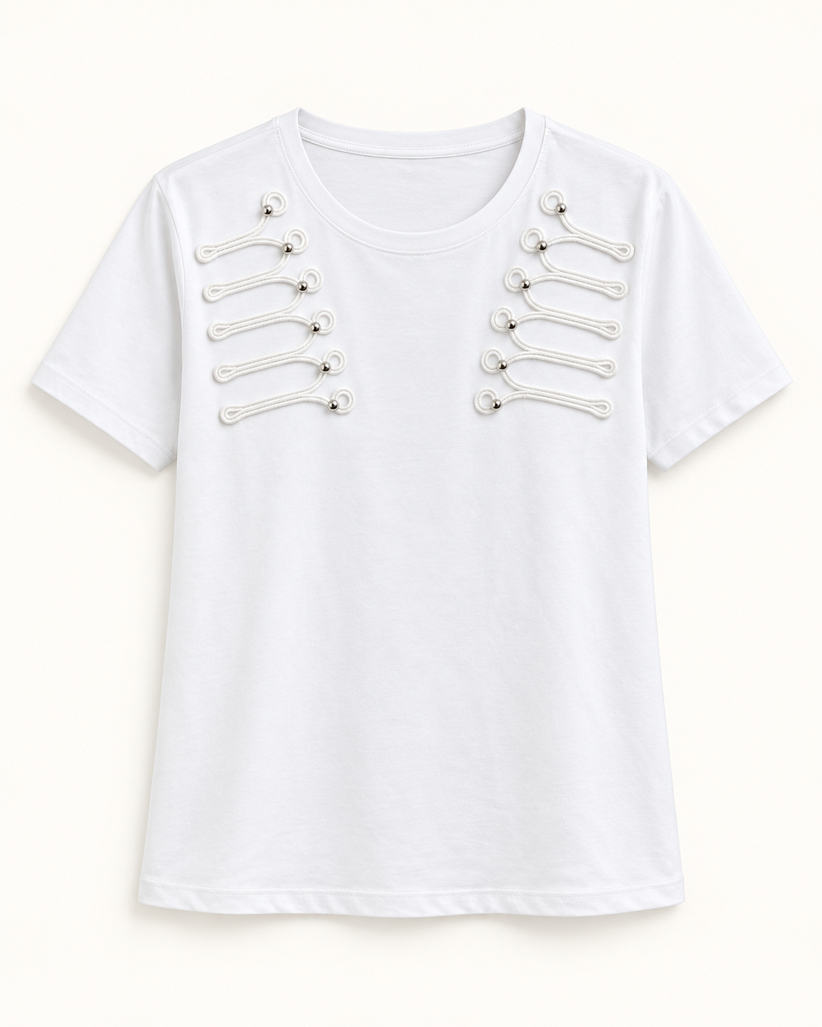 Women’s mirrored loop-cord trim panels across the upper chest T-shirt, front view