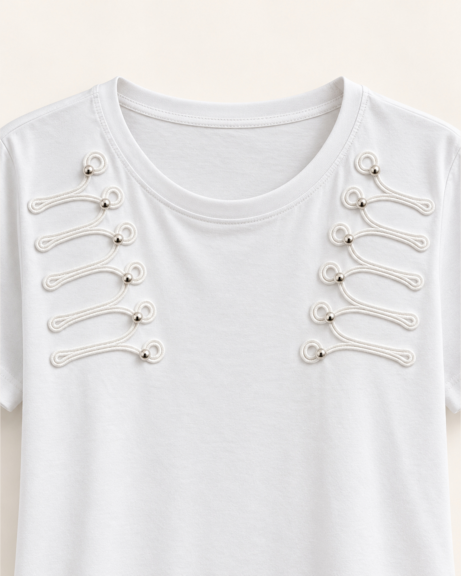 Custom Women’s Paired Chest Loop-Cord Trim T-Shirt — VTTS-0044 Close-up of the mirrored loop-cord trim panels across the upper chest on VTTS-0044