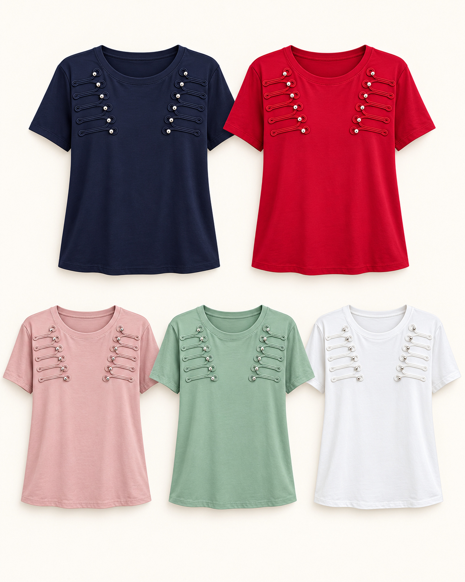 Custom Women’s Paired Chest Loop-Cord Trim T-Shirt — VTTS-0044 VTTS-0044 T-shirt color options: navy, red, dusty pink, sage and white