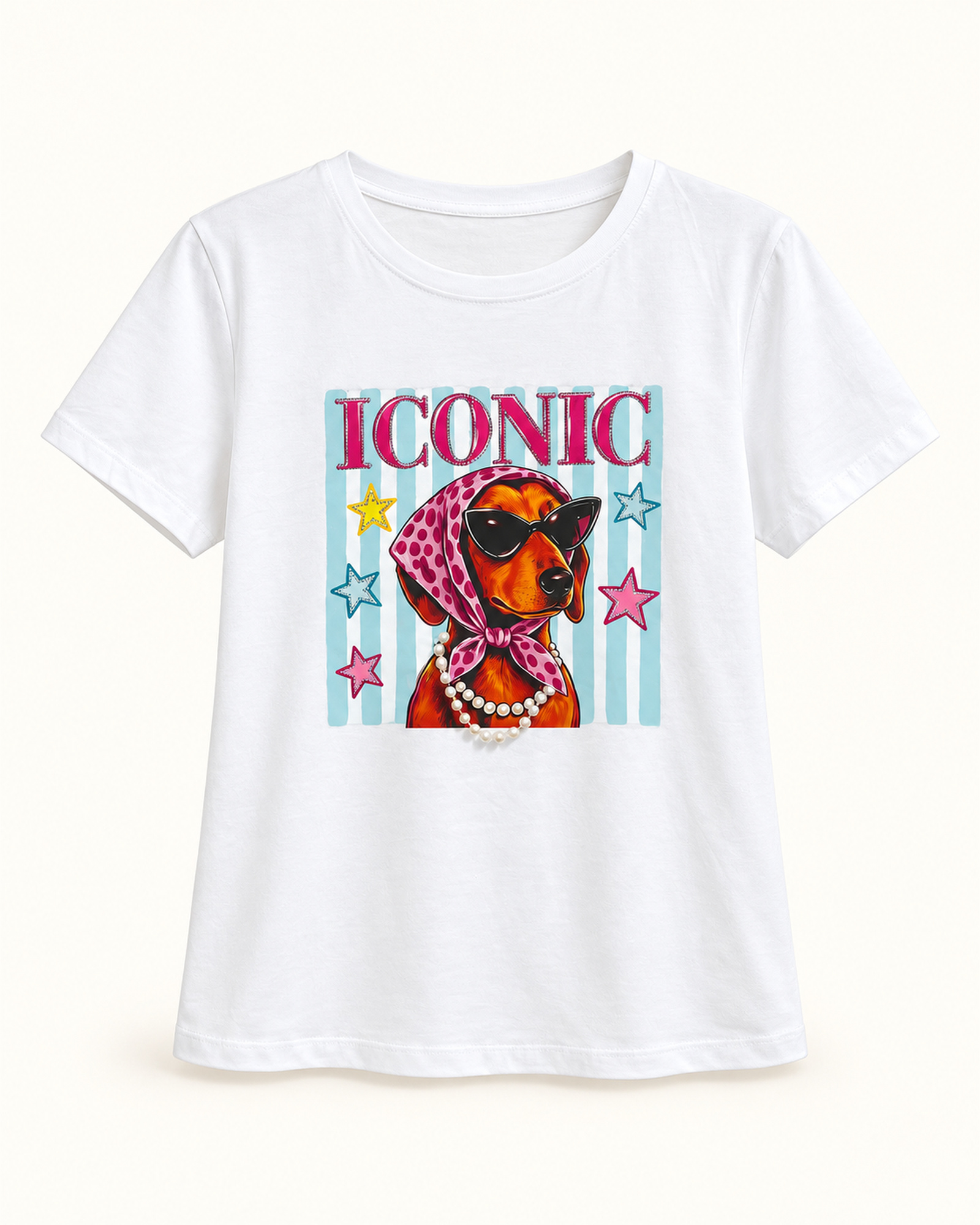 Women’s colorful dog portrait graphic with iconic lettering T-shirt, front view