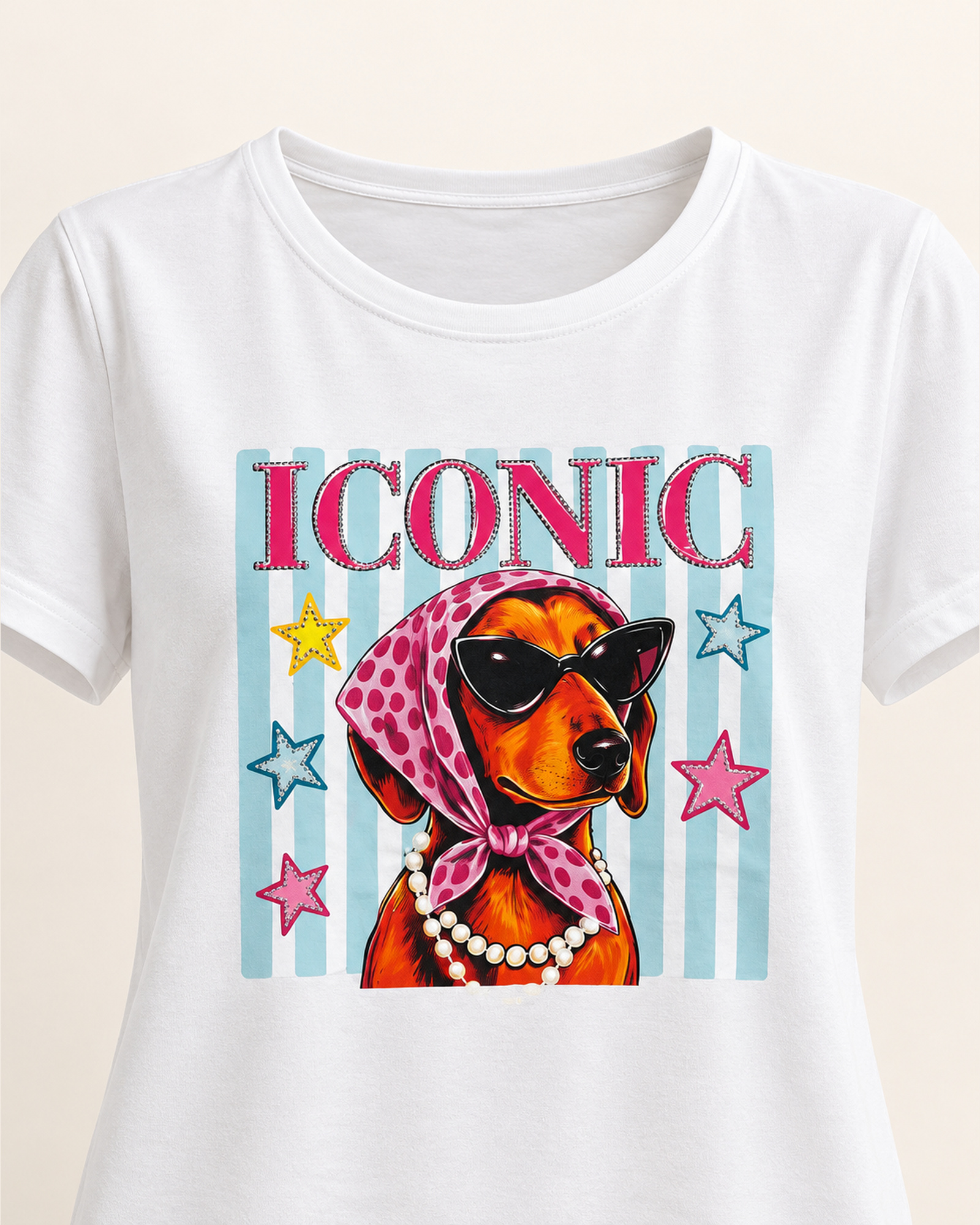 Custom Women’s ICONIC Dog Graphic T-Shirt — VTTS-0045 Close-up of the colorful dog portrait graphic with iconic lettering on VTTS-0045