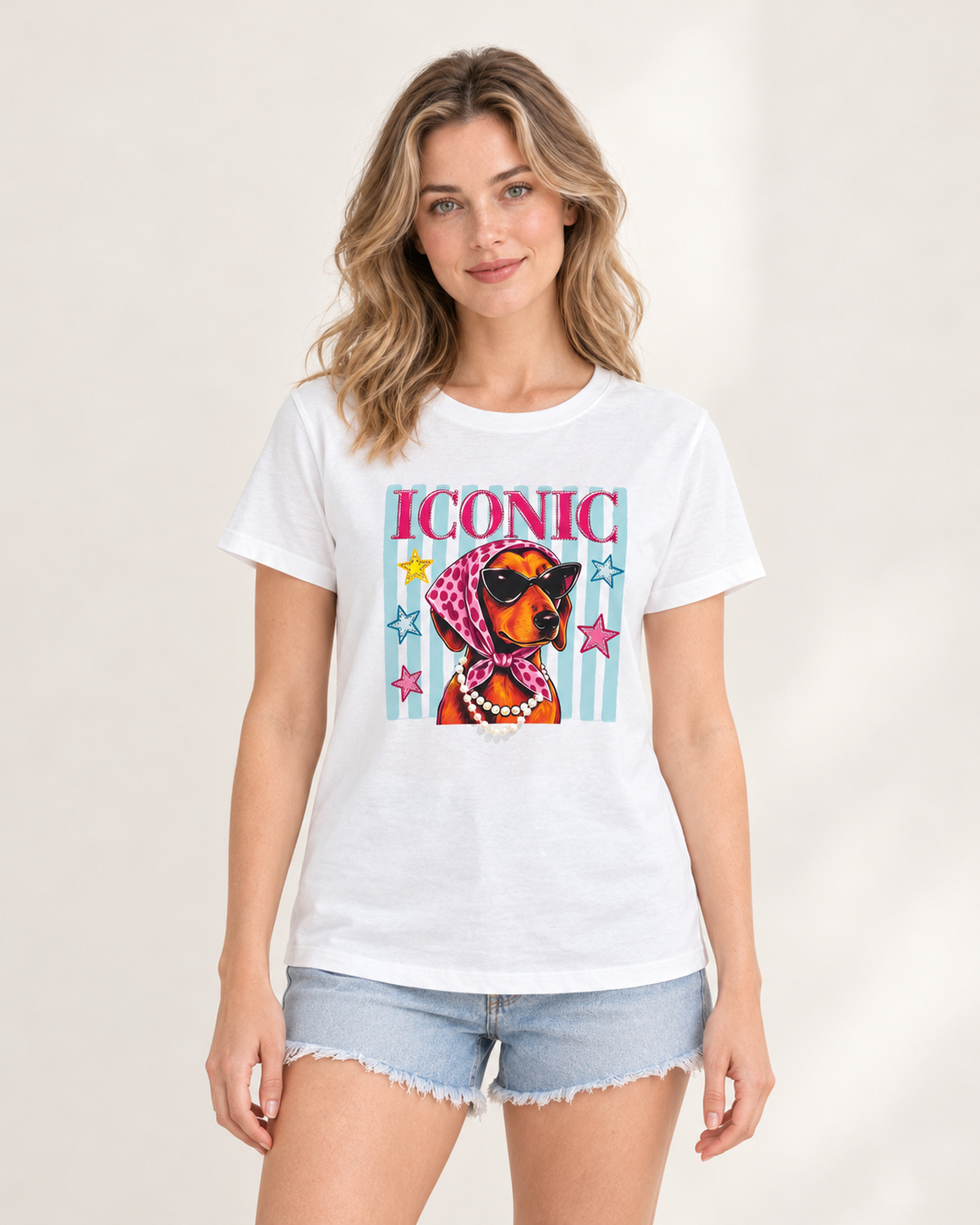 Custom Women’s ICONIC Dog Graphic T-Shirt — VTTS-0045 Model wearing the VTTS-0045 women’s short-sleeve T-shirt