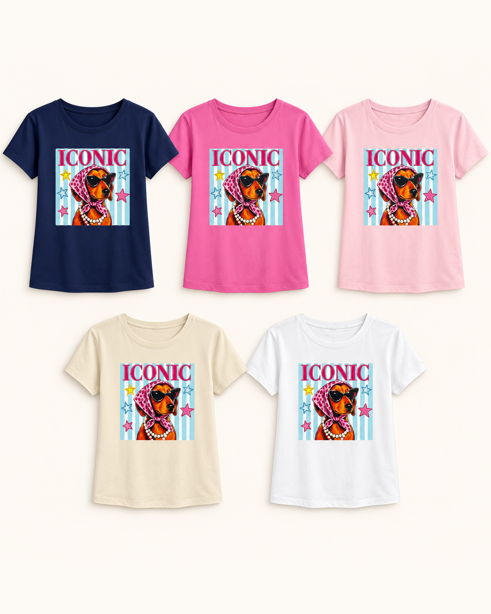 Custom Women’s ICONIC Dog Graphic T-Shirt — VTTS-0045 VTTS-0045 T-shirt color options: navy, fuchsia, pale pink, ivory and white